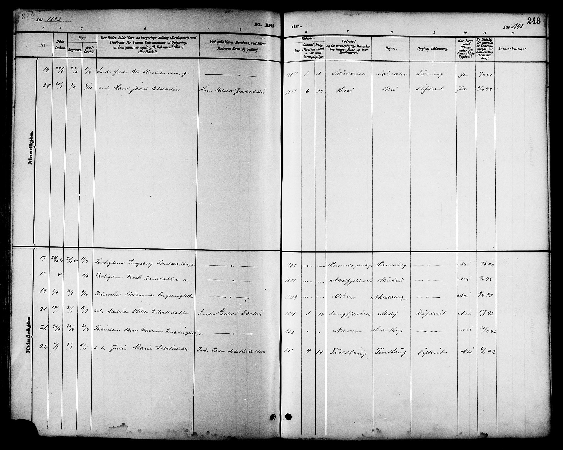 Ministerialprotokoller, klokkerbøker og fødselsregistre - Nordland, AV/SAT-A-1459/814/L0230: Parish register (copy) no. 814C03, 1884-1911, p. 243