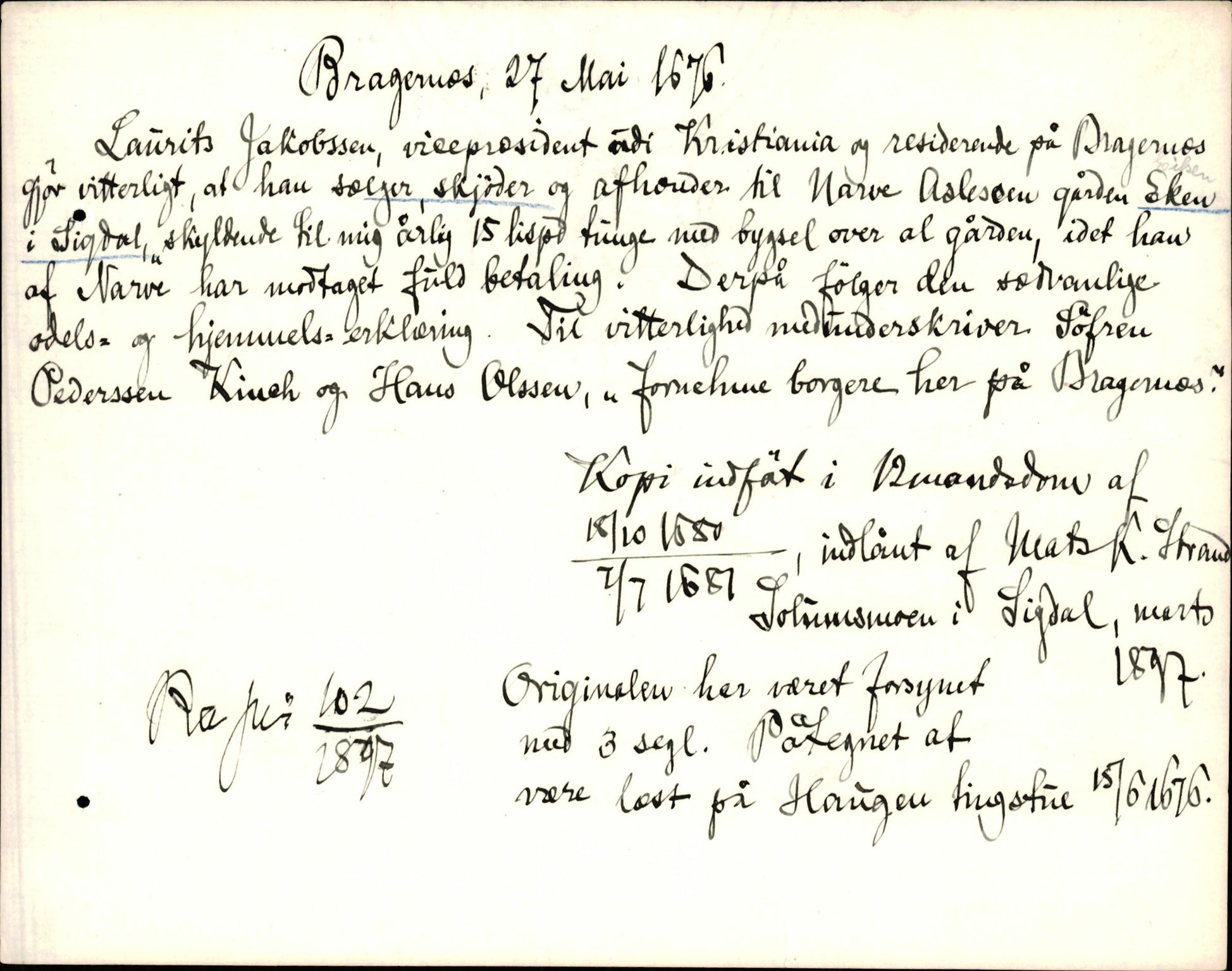 Riksarkivets diplomsamling, AV/RA-EA-5965/F35/F35d/L0005: Innlånte diplomer, seddelregister, 1661-1690, p. 327