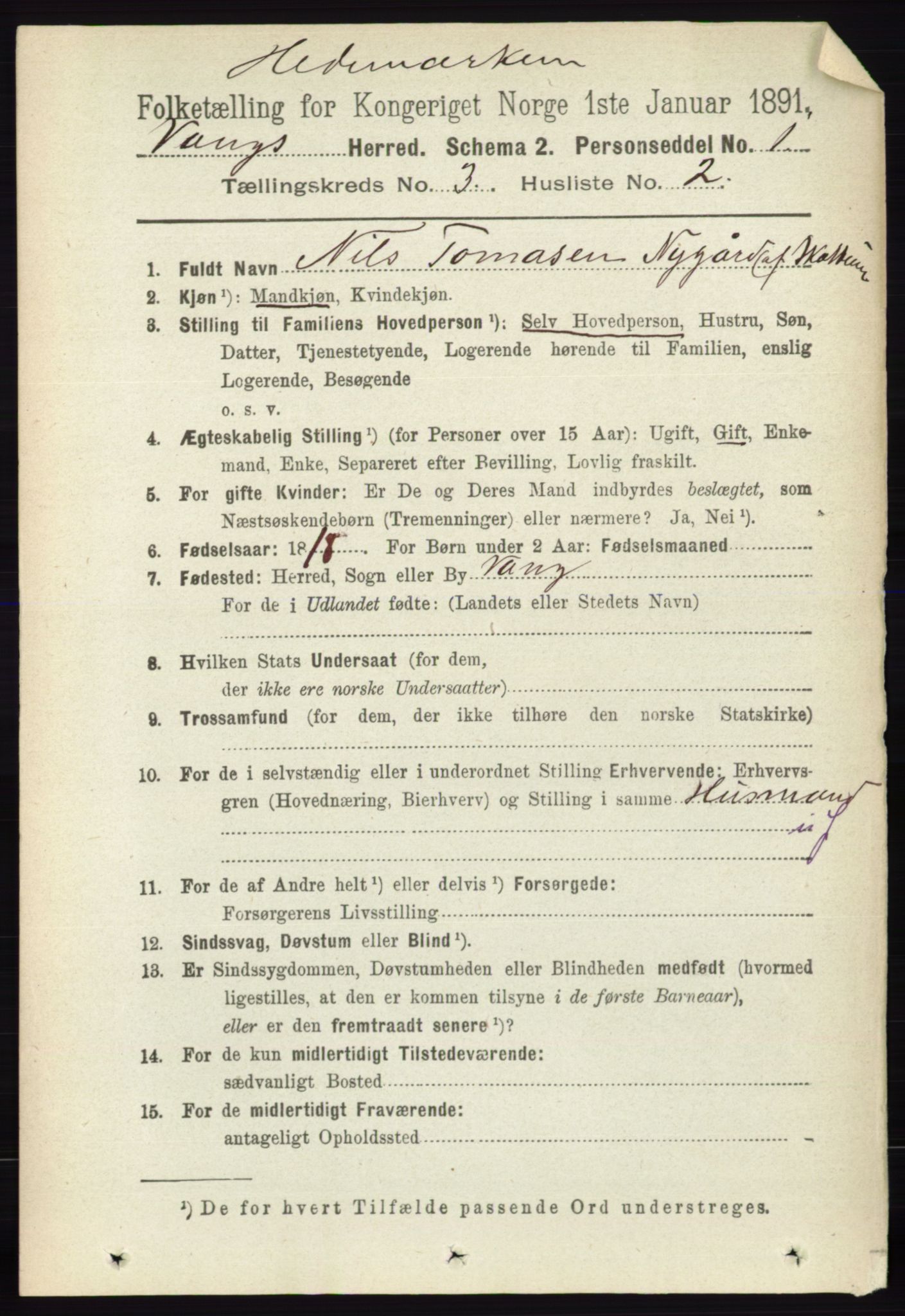 RA, 1891 census for 0414 Vang, 1891, p. 1896