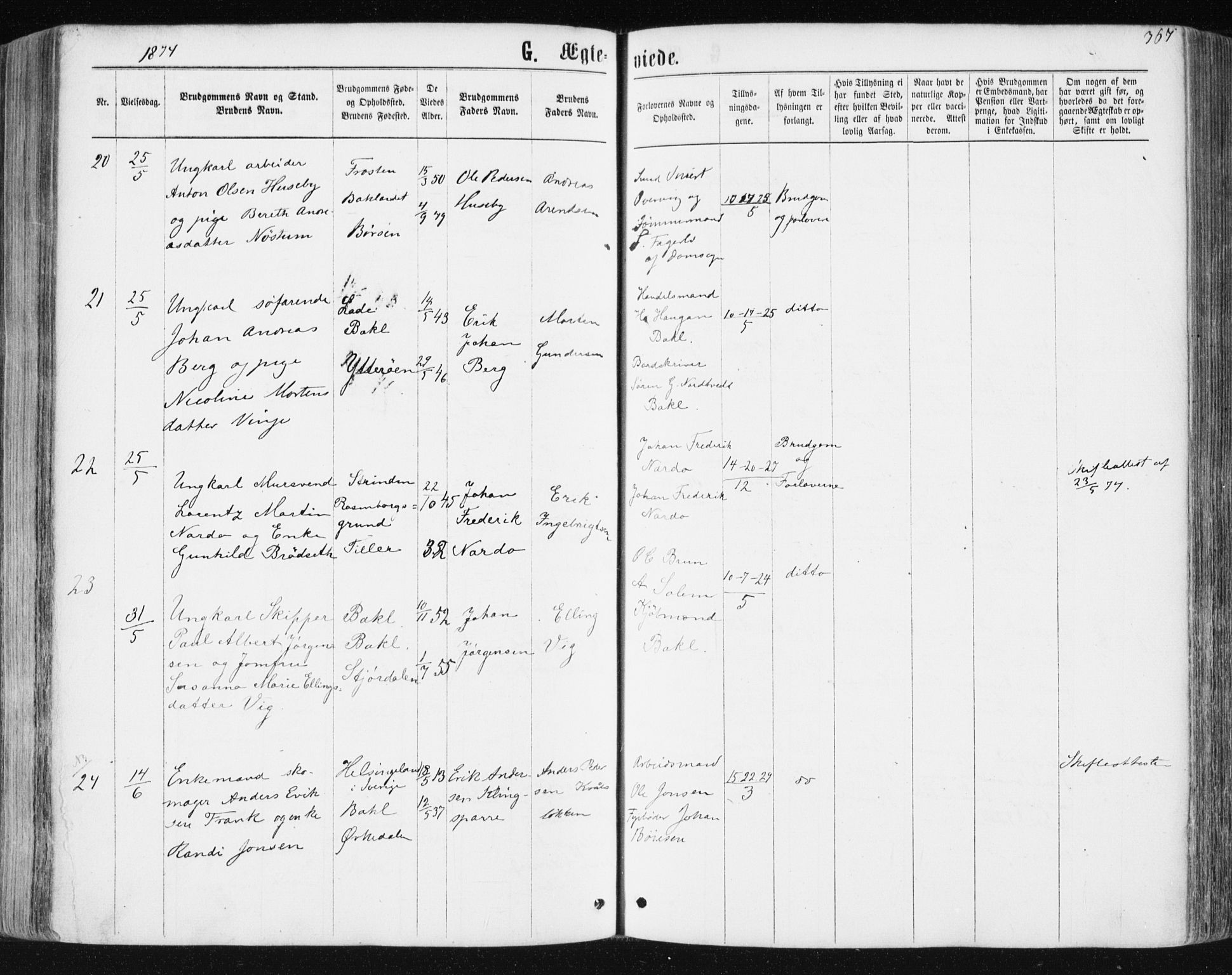 Ministerialprotokoller, klokkerbøker og fødselsregistre - Sør-Trøndelag, SAT/A-1456/604/L0186: Parish register (official) no. 604A07, 1866-1877, p. 367
