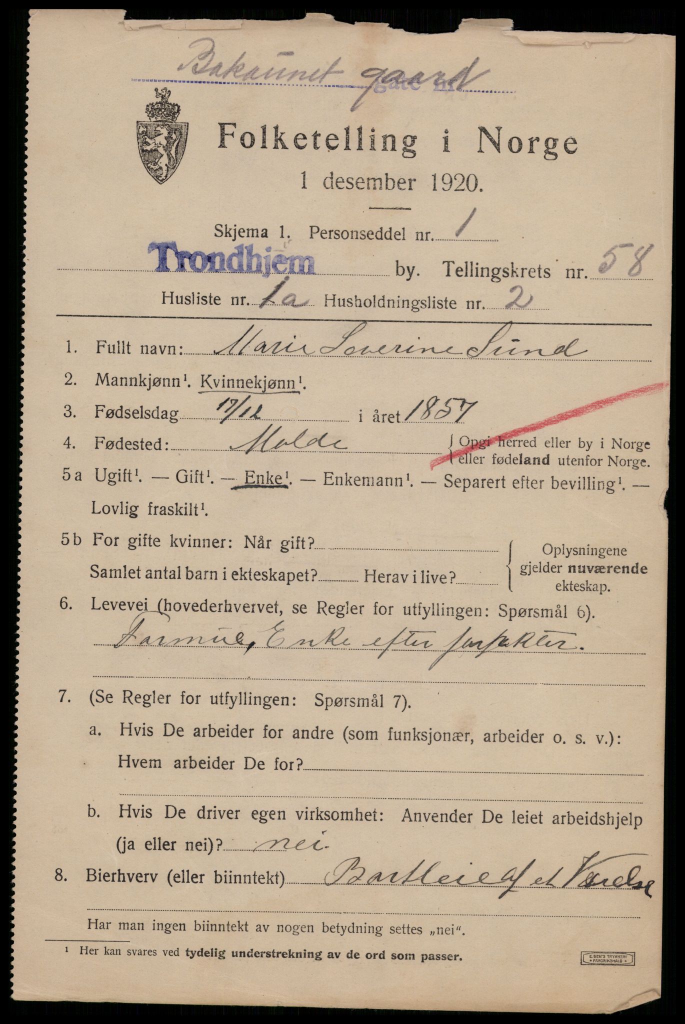 SAT, 1920 census for Trondheim, 1920, p. 117464