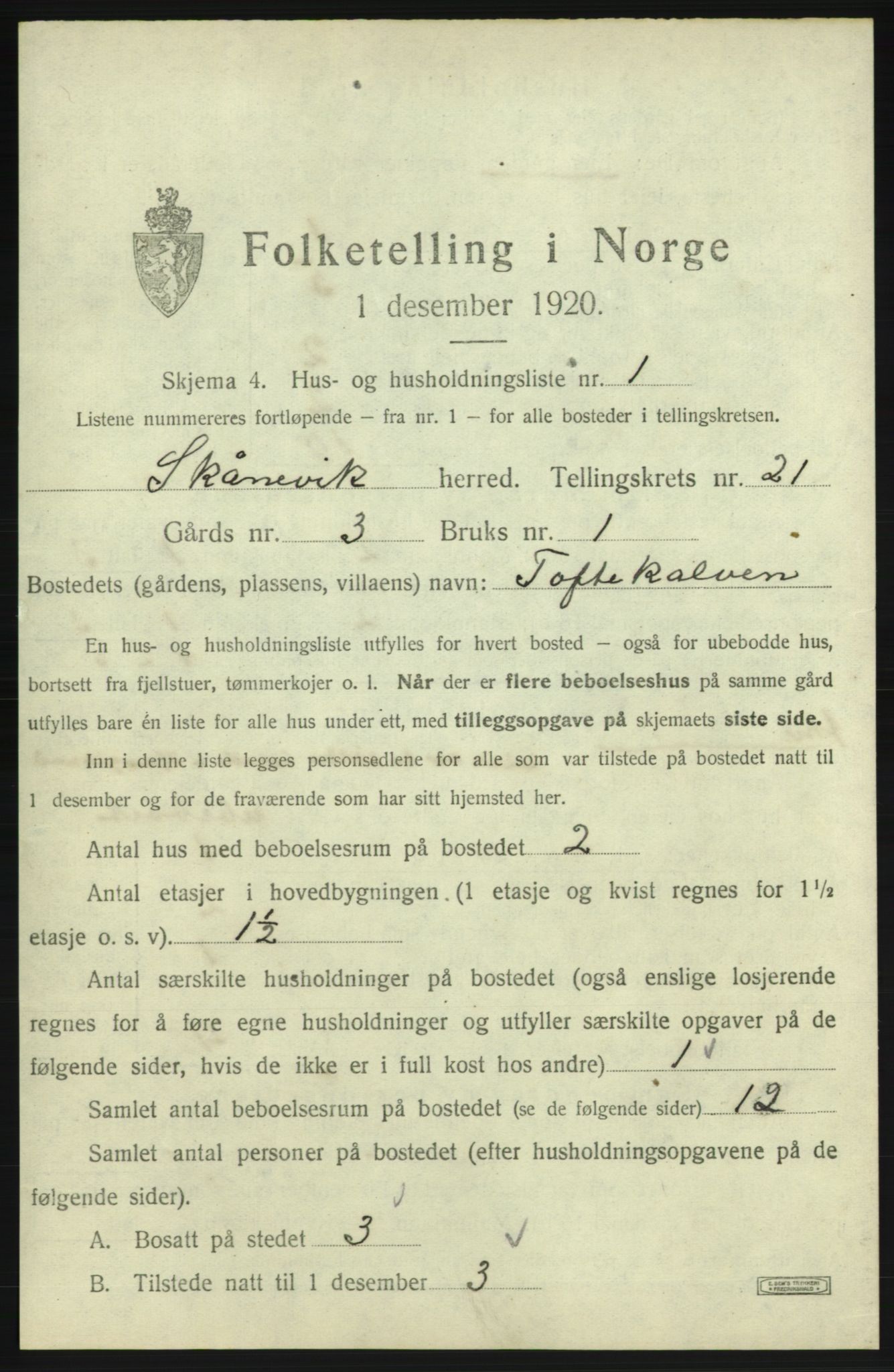 SAB, 1920 census for Skånevik, 1920, p. 2110