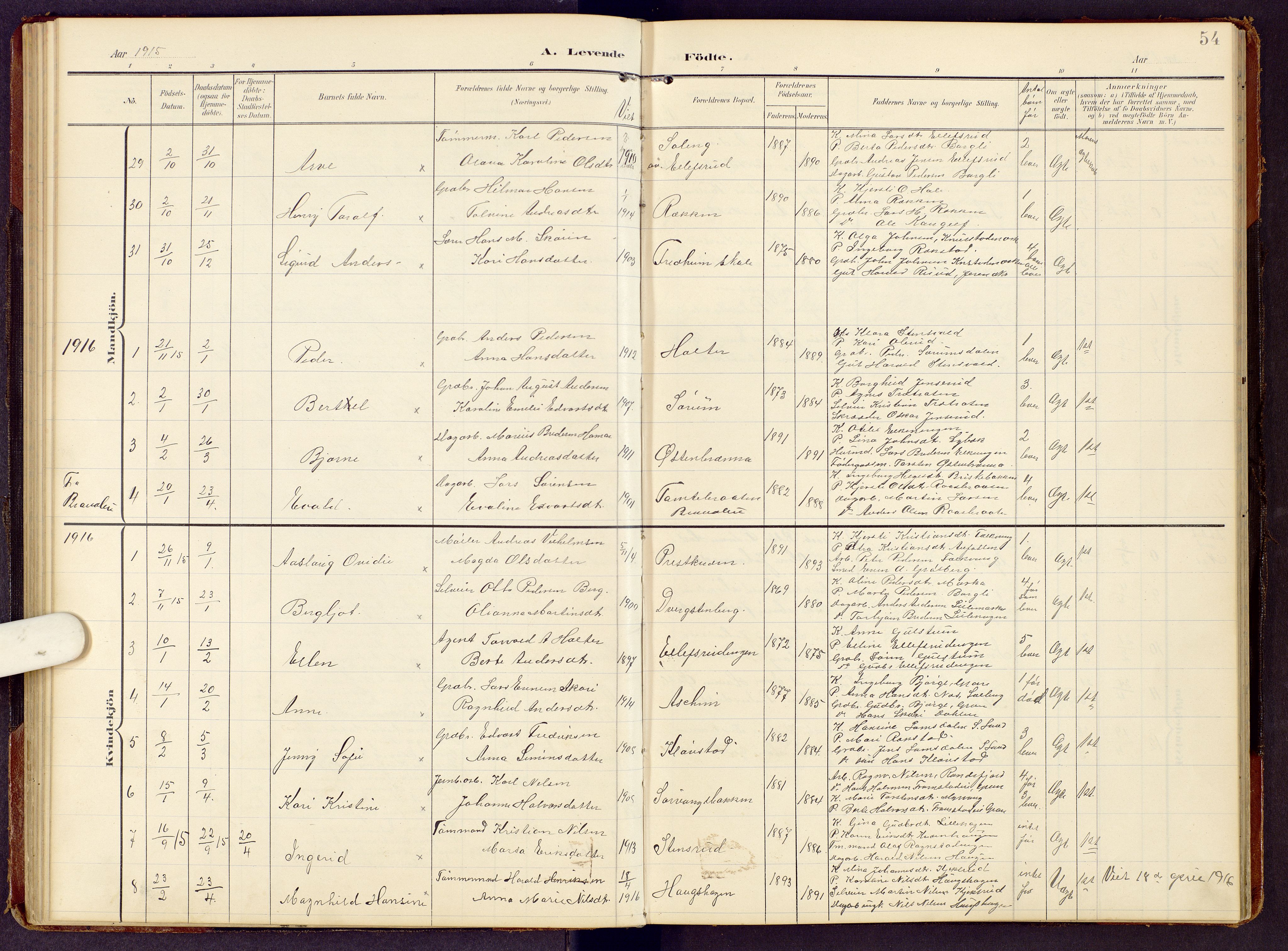 Brandbu prestekontor, SAH/PREST-114/H/Ha/Hab/L0009: Parish register (copy) no. 9, 1903-1916, p. 54