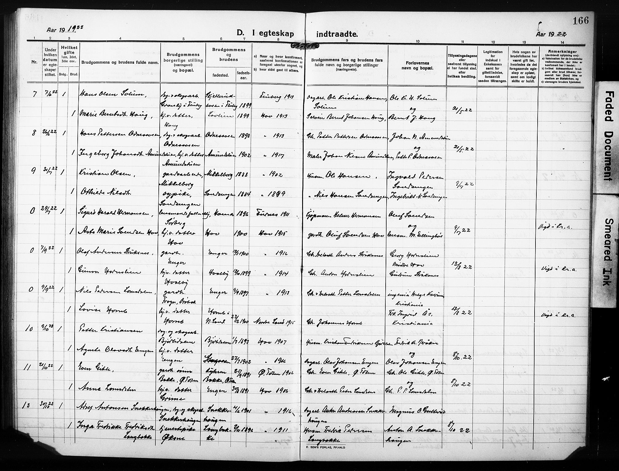 Søndre Land prestekontor, SAH/PREST-122/L/L0007: Parish register (copy) no. 7, 1915-1932, p. 166