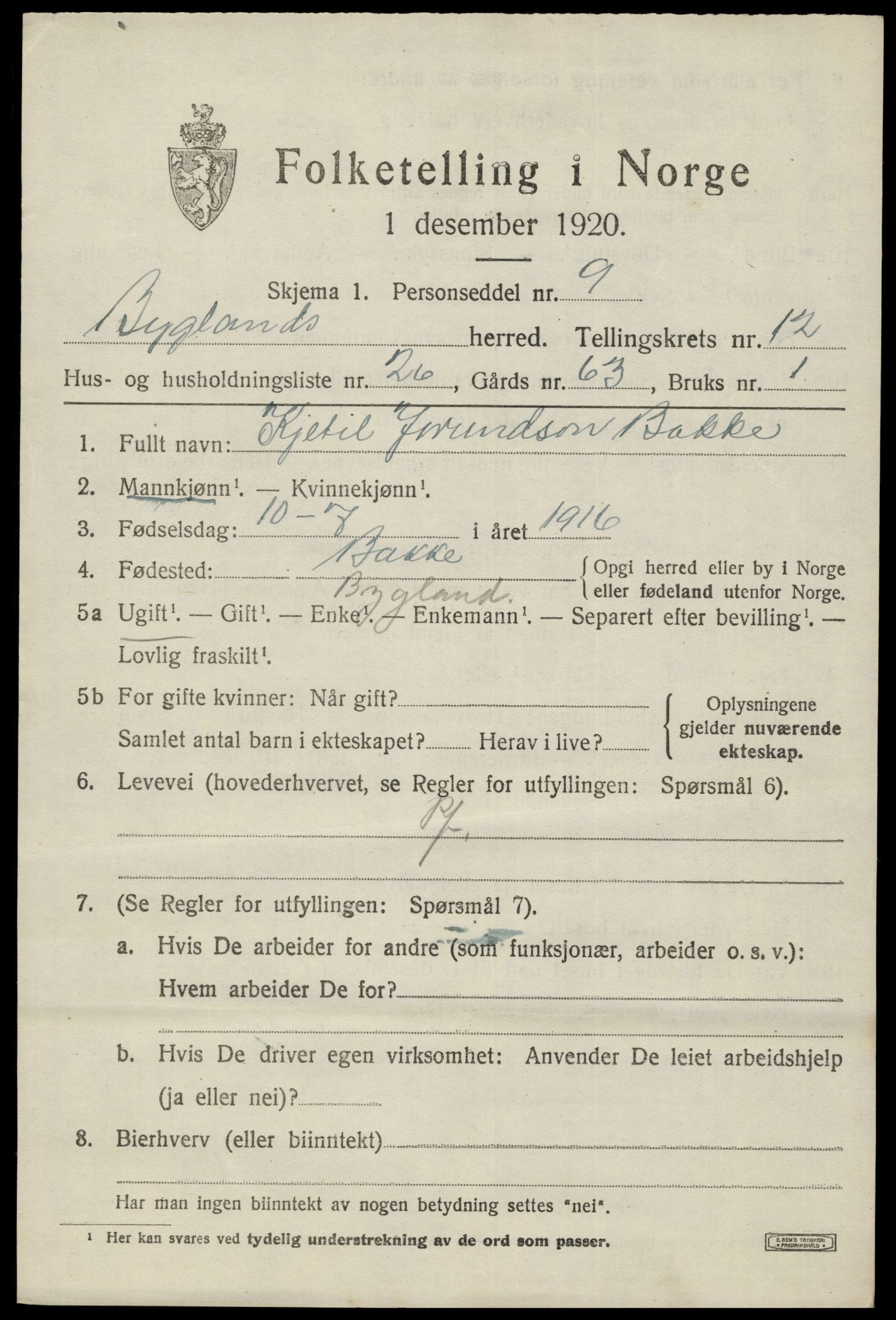 SAK, 1920 census for Bygland, 1920, p. 5253