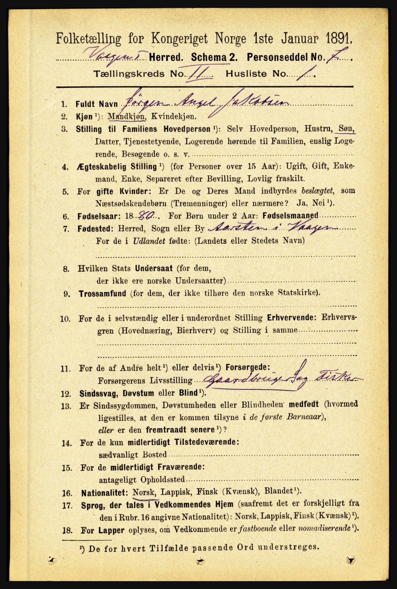 RA, 1891 census for 1865 Vågan, 1891, p. 422