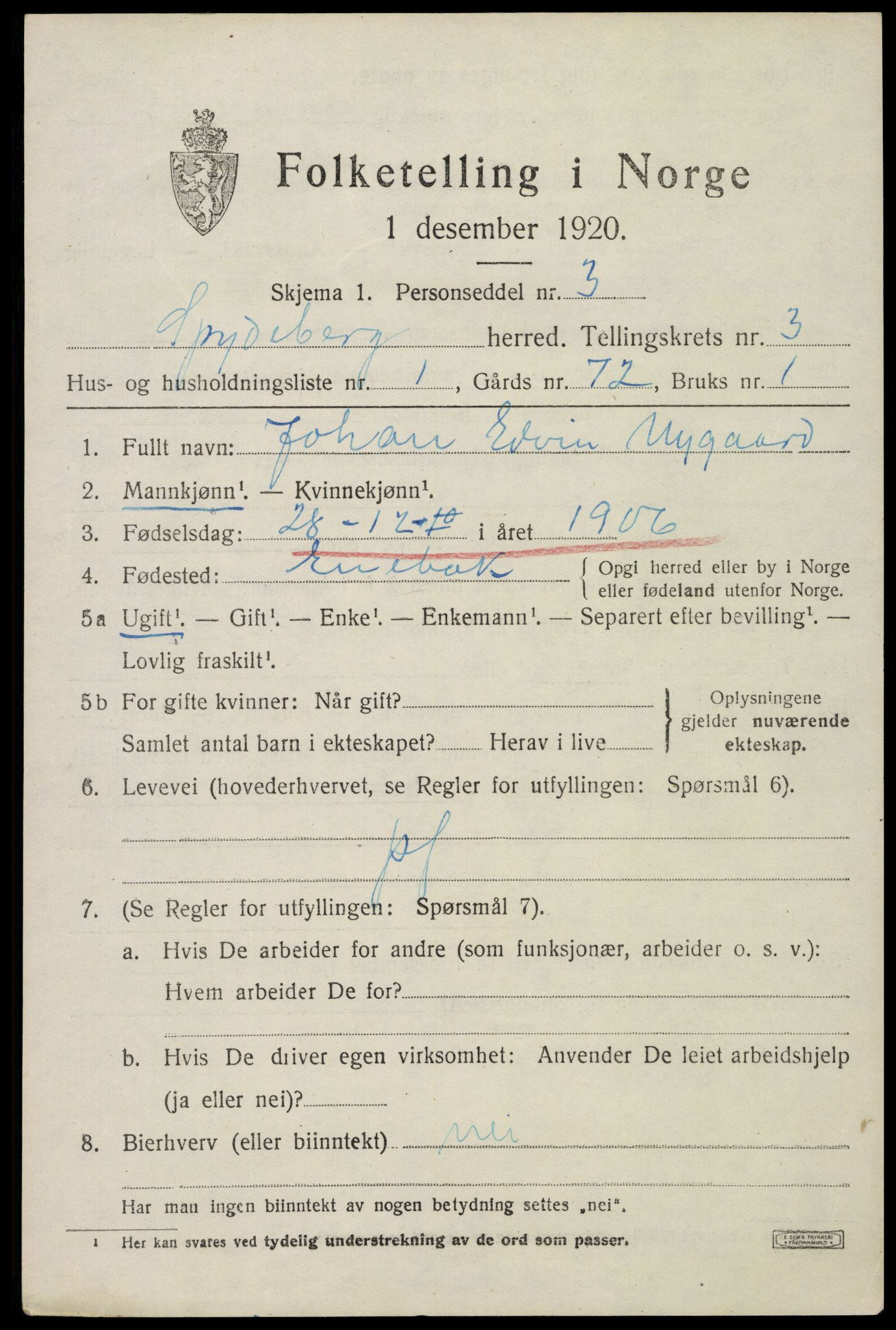 SAO, 1920 census for Spydeberg, 1920, p. 4069