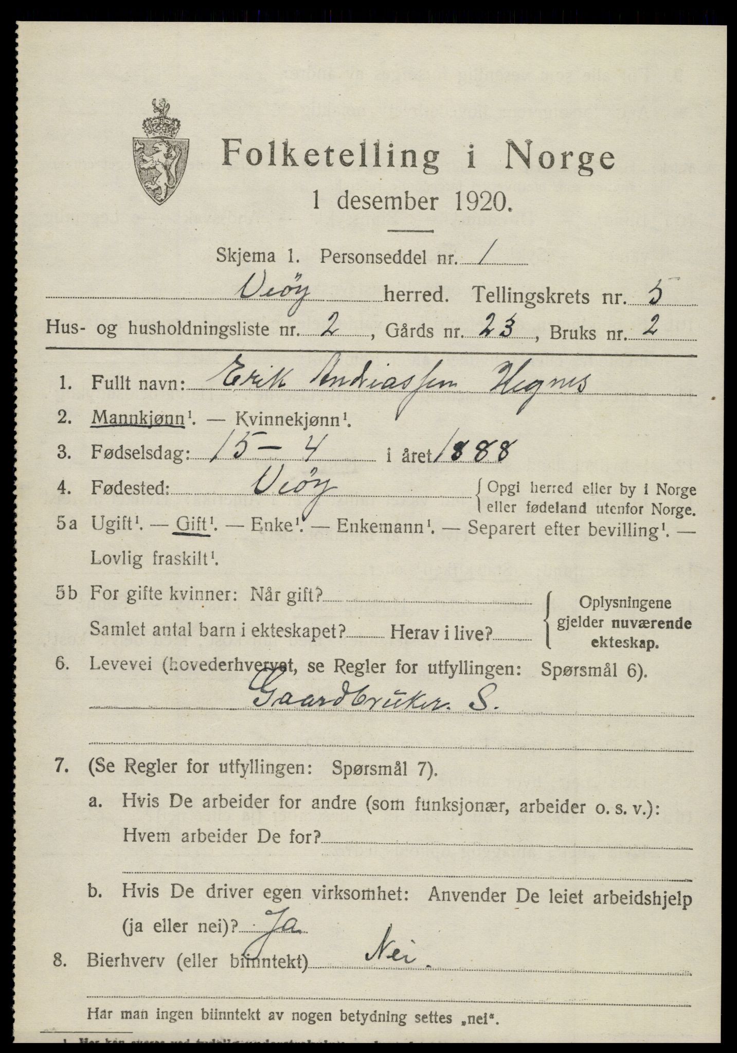 SAT, 1920 census for Veøy, 1920, p. 2339