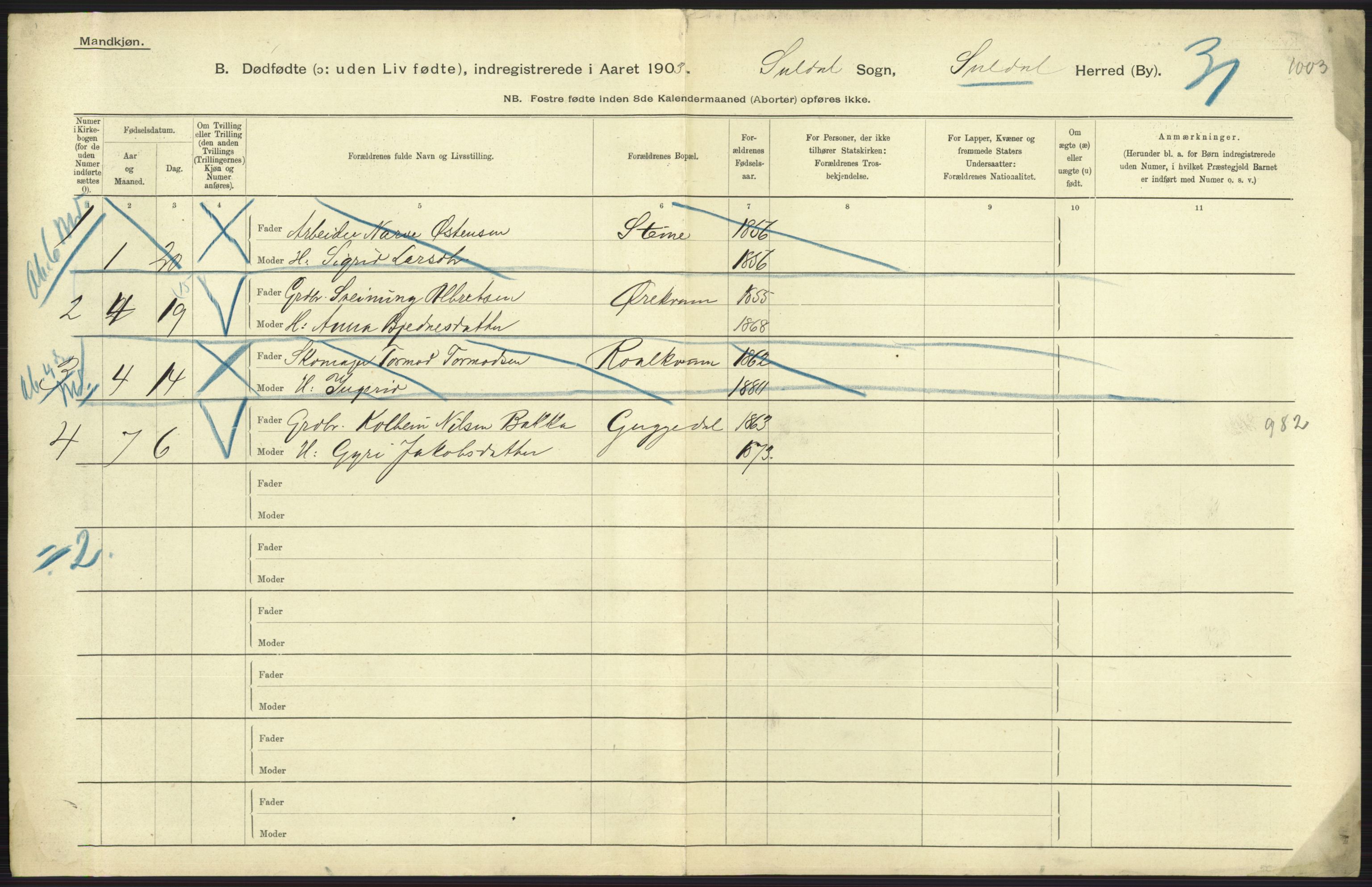 Statistisk sentralbyrå, Sosiodemografiske emner, Befolkning, AV/RA-S-2228/D/Df/Dfa/Dfaa/L0024: Smålenenes - Stavanger amt: Dødfødte. Bygder., 1903, p. 535