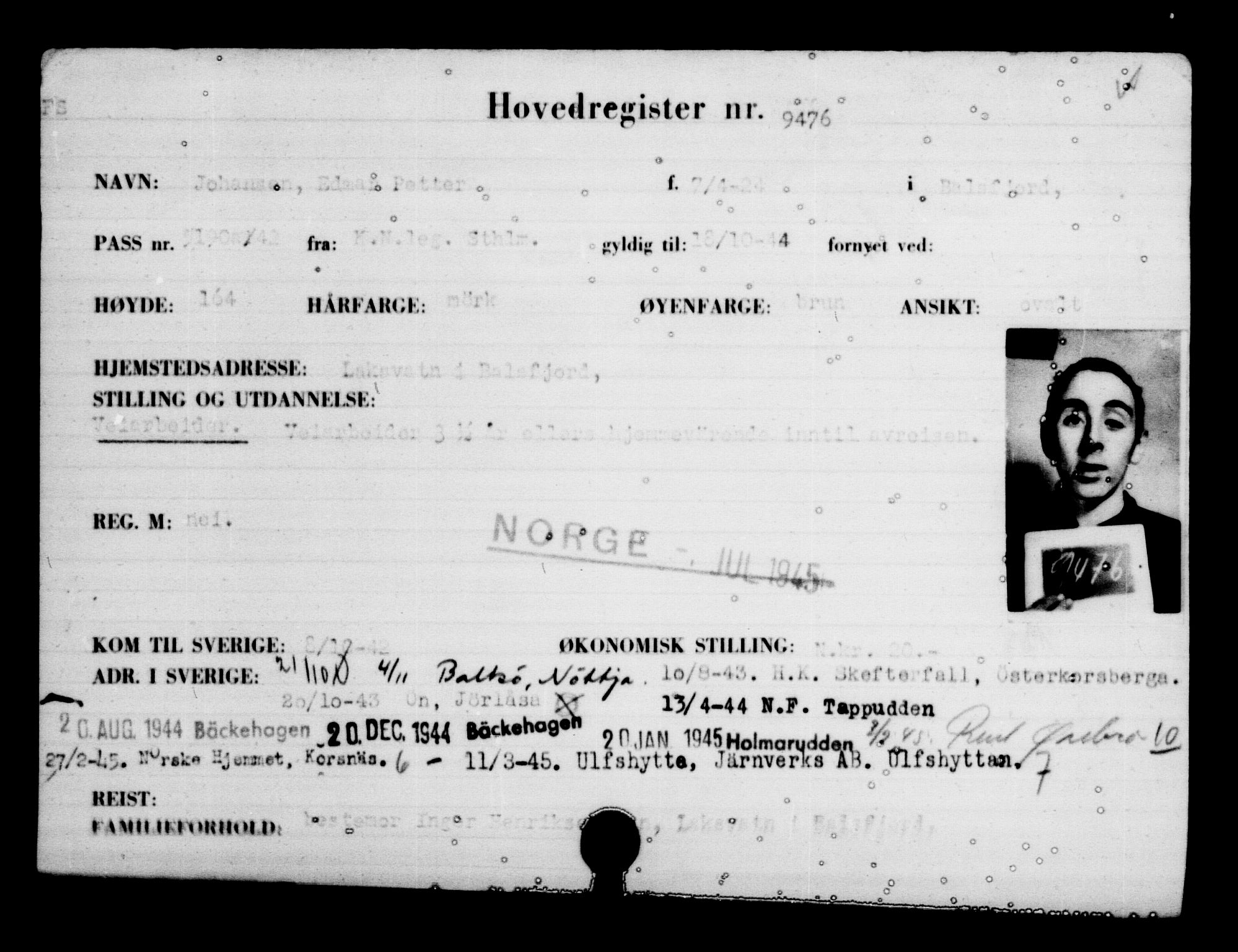 Utenriksstasjonene, Legasjonen i Stockholm, Flyktningkontoret, AV/RA-S-6753/V/Va/L0006: Kjesäterkartoteket, flyktninger med registreringsnr. 9400-12711, 1940-1945, p. 83