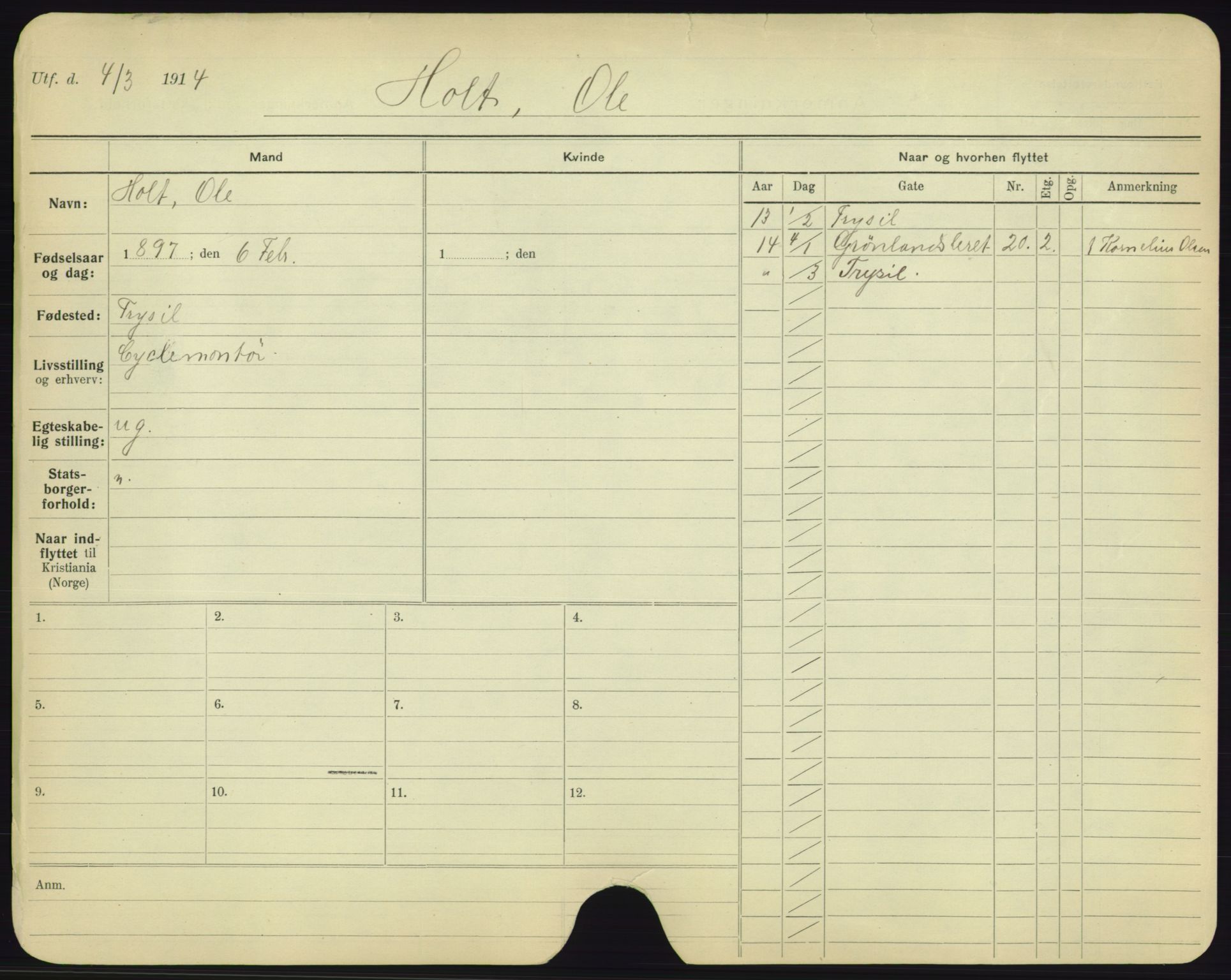 Oslo folkeregister, Registerkort, AV/SAO-A-11715/F/Fa/Fac/L0004: Menn, 1906-1914, p. 951a