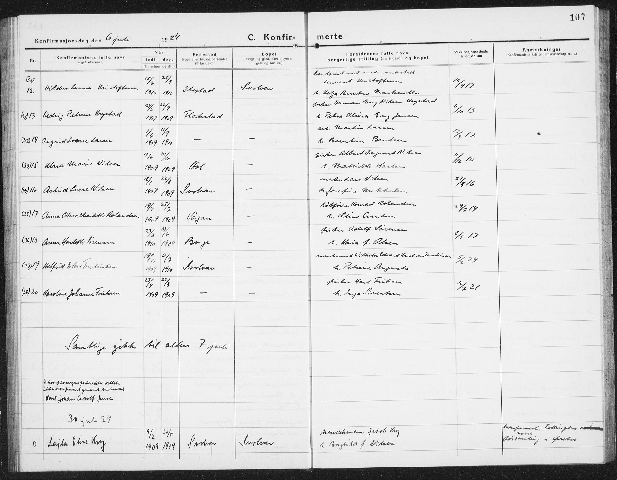 Ministerialprotokoller, klokkerbøker og fødselsregistre - Nordland, AV/SAT-A-1459/877/L1117: Parish register (copy) no. 877C01, 1923-1942, p. 107