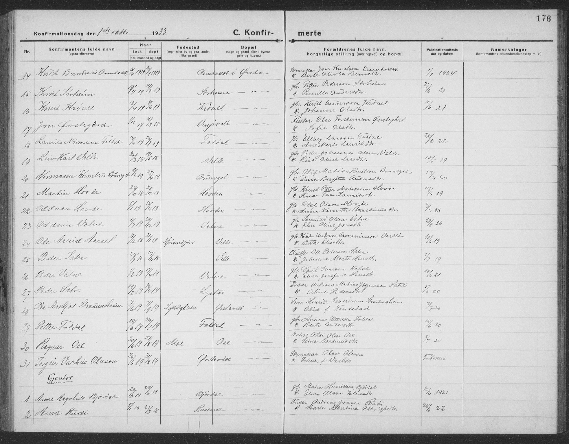 Ministerialprotokoller, klokkerbøker og fødselsregistre - Møre og Romsdal, AV/SAT-A-1454/513/L0191: Parish register (copy) no. 513C05, 1920-1941, p. 176