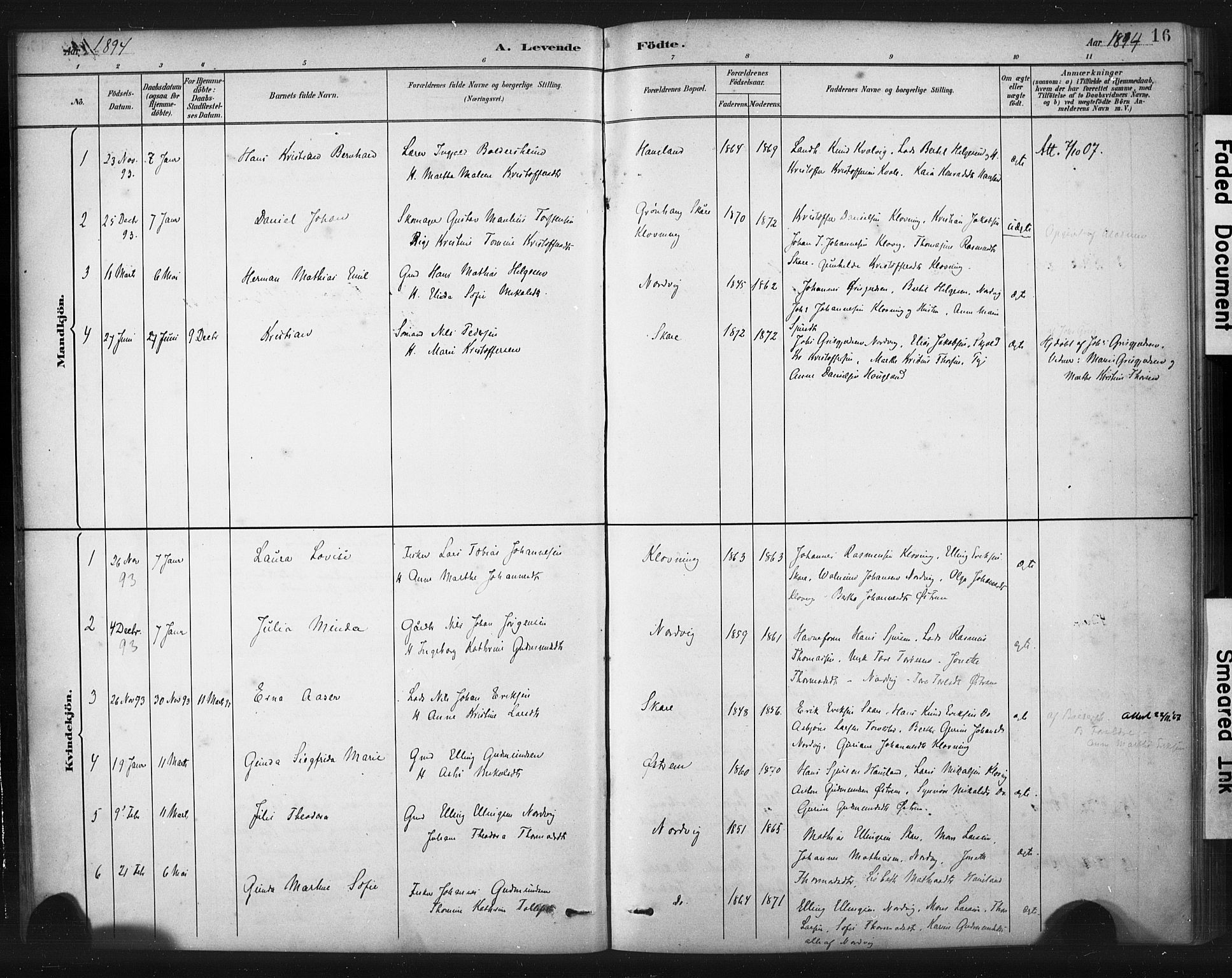 Torvastad sokneprestkontor, AV/SAST-A -101857/H/Ha/Haa/L0016: Parish register (official) no. A 15, 1883-1903, p. 16