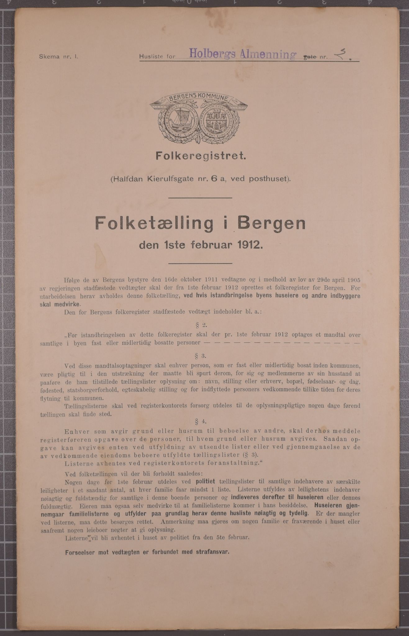 SAB, Municipal Census 1912 for Bergen, 1912, p. 3105