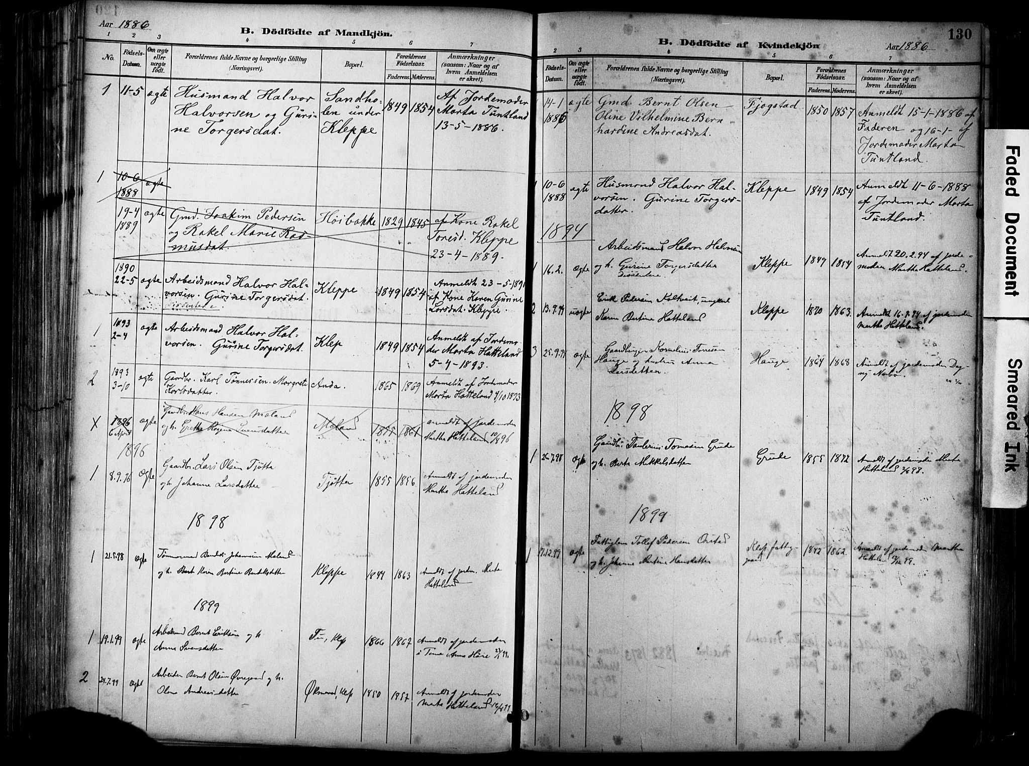 Klepp sokneprestkontor, AV/SAST-A-101803/001/3/30BA/L0009: Parish register (official) no. A 7, 1886-1915, p. 130