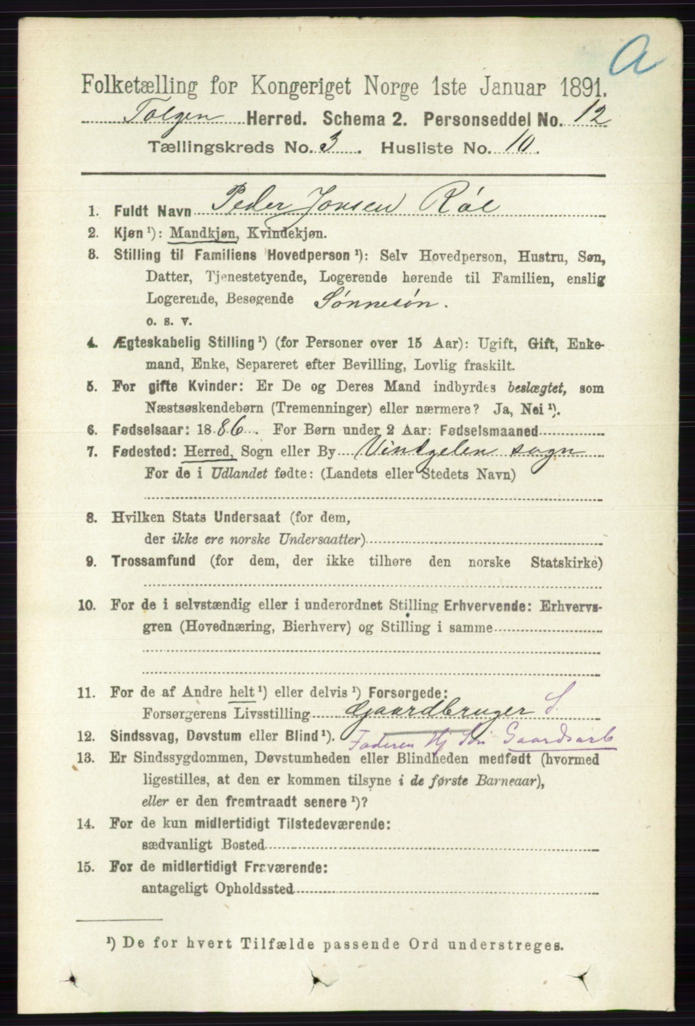 RA, 1891 census for 0436 Tolga, 1891, p. 615