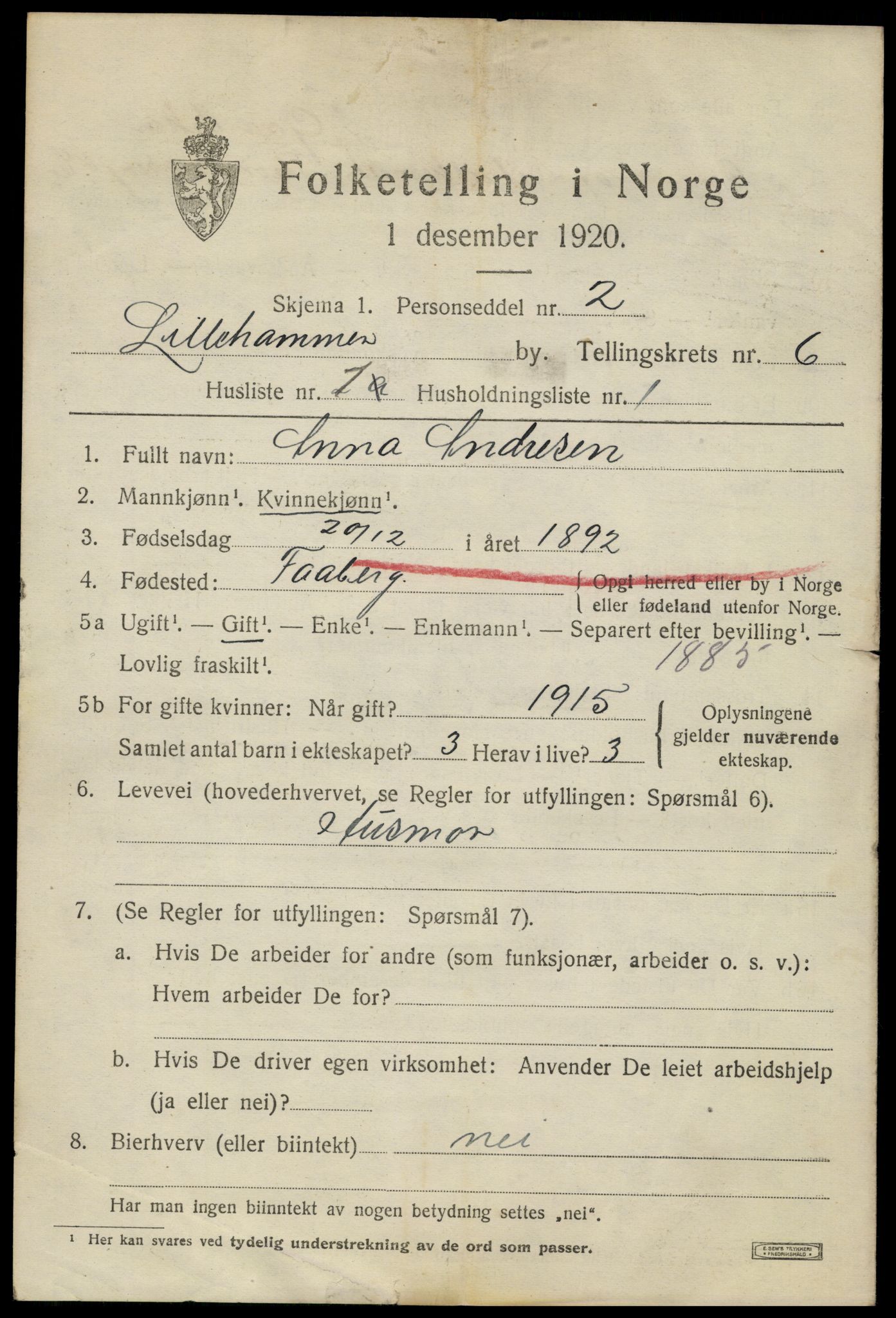 SAH, 1920 census for Lillehammer, 1920, p. 8220