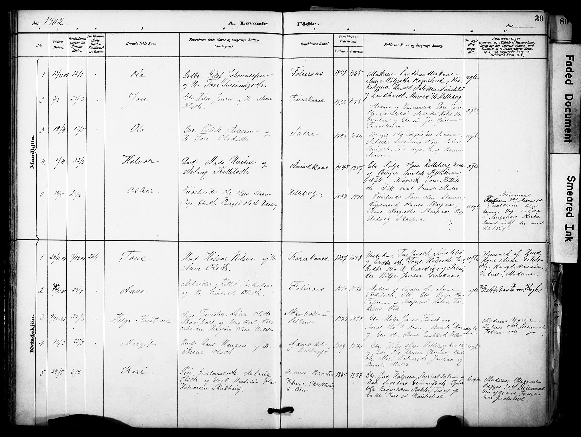 Gransherad kirkebøker, AV/SAKO-A-267/F/Fa/L0005: Parish register (official) no. I 5, 1887-1916, p. 39