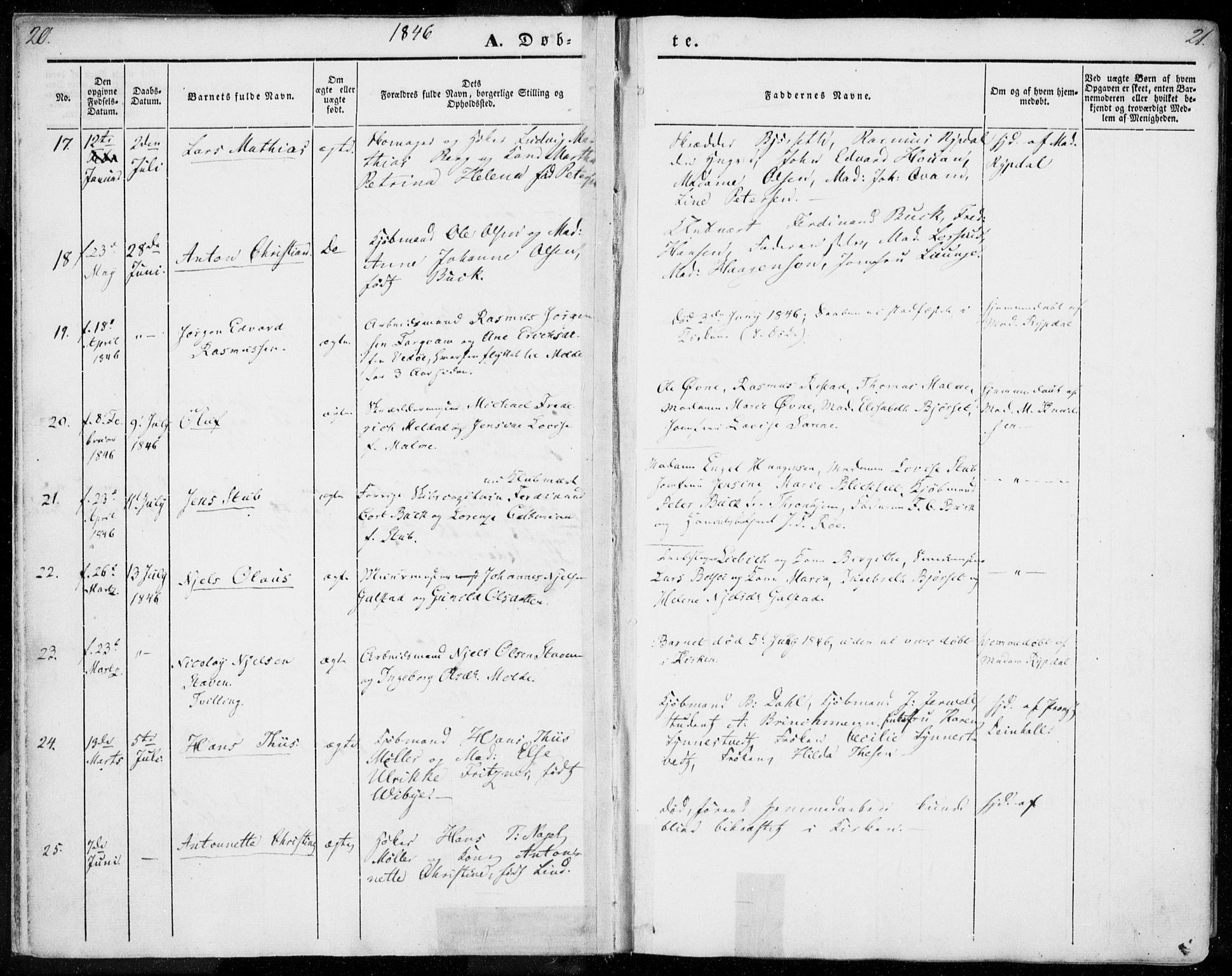 Ministerialprotokoller, klokkerbøker og fødselsregistre - Møre og Romsdal, SAT/A-1454/558/L0689: Parish register (official) no. 558A03, 1843-1872, p. 20-21