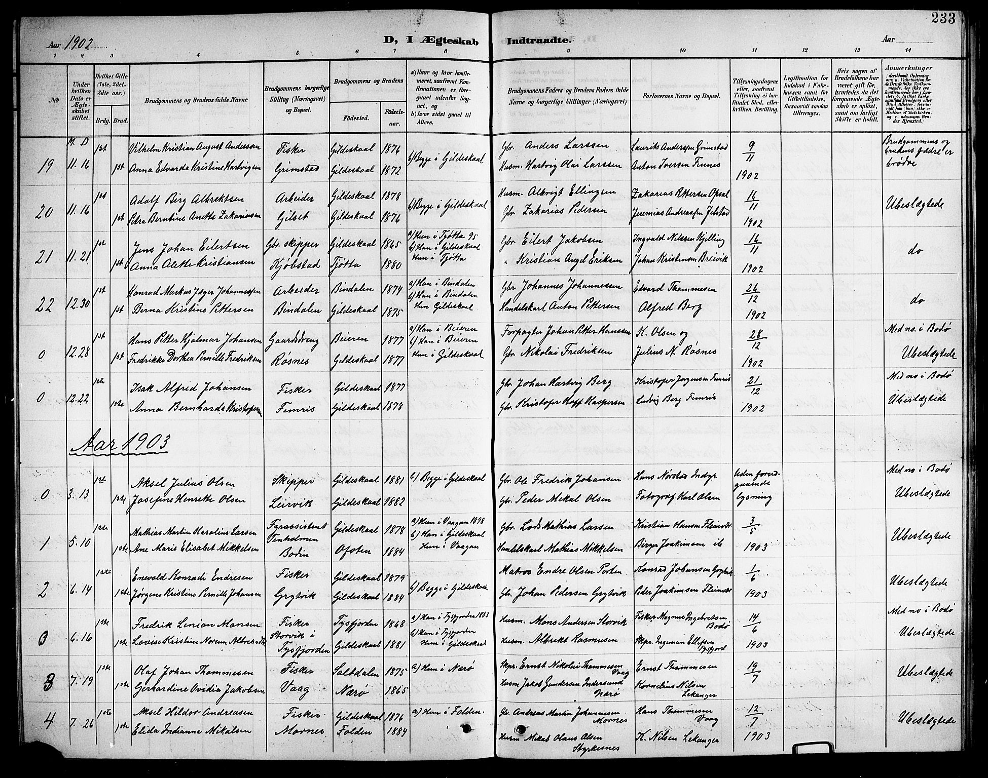 Ministerialprotokoller, klokkerbøker og fødselsregistre - Nordland, SAT/A-1459/805/L0109: Parish register (copy) no. 805C05, 1900-1911, p. 233