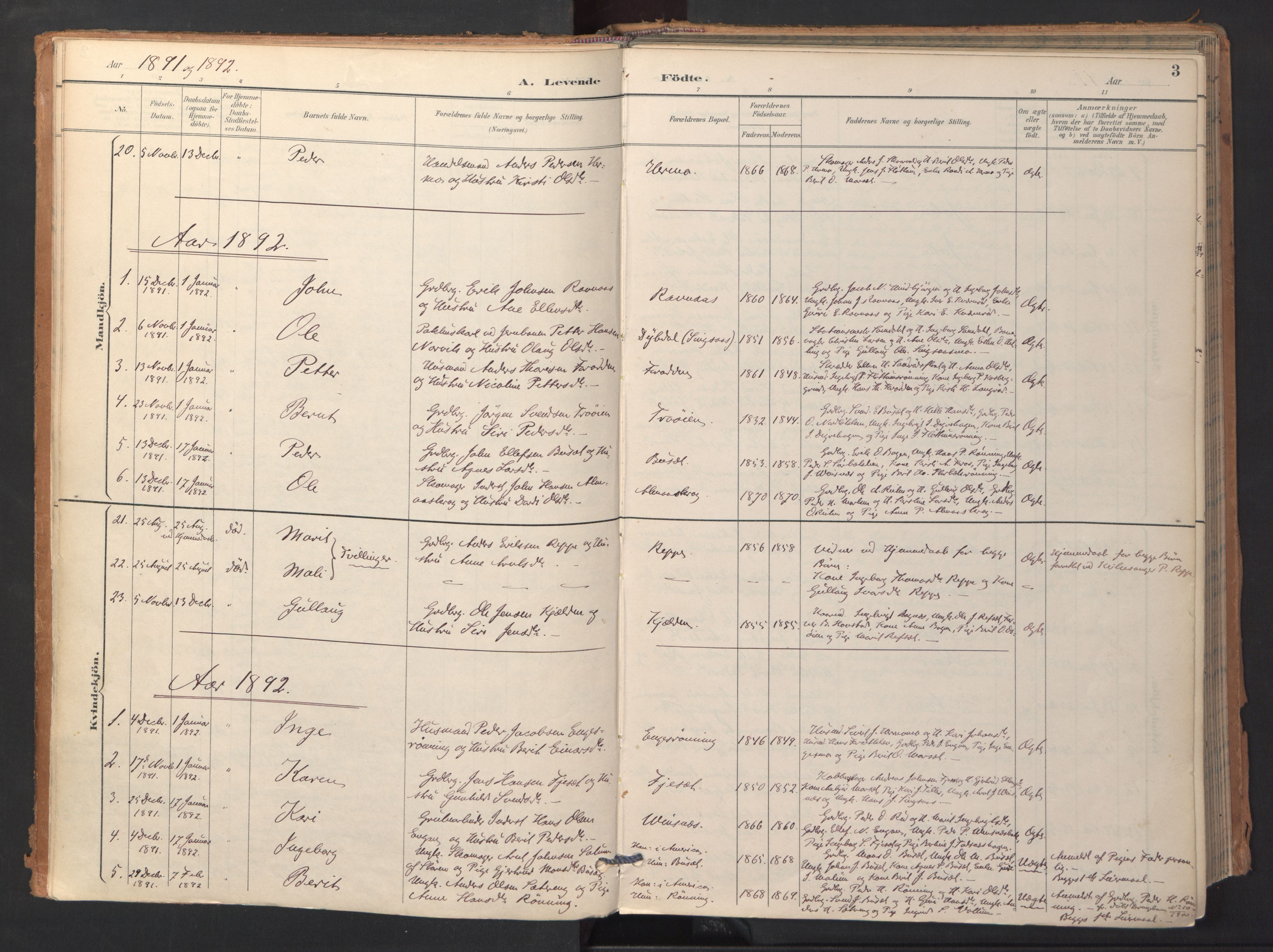 Ministerialprotokoller, klokkerbøker og fødselsregistre - Sør-Trøndelag, SAT/A-1456/688/L1025: Parish register (official) no. 688A02, 1891-1909, p. 3