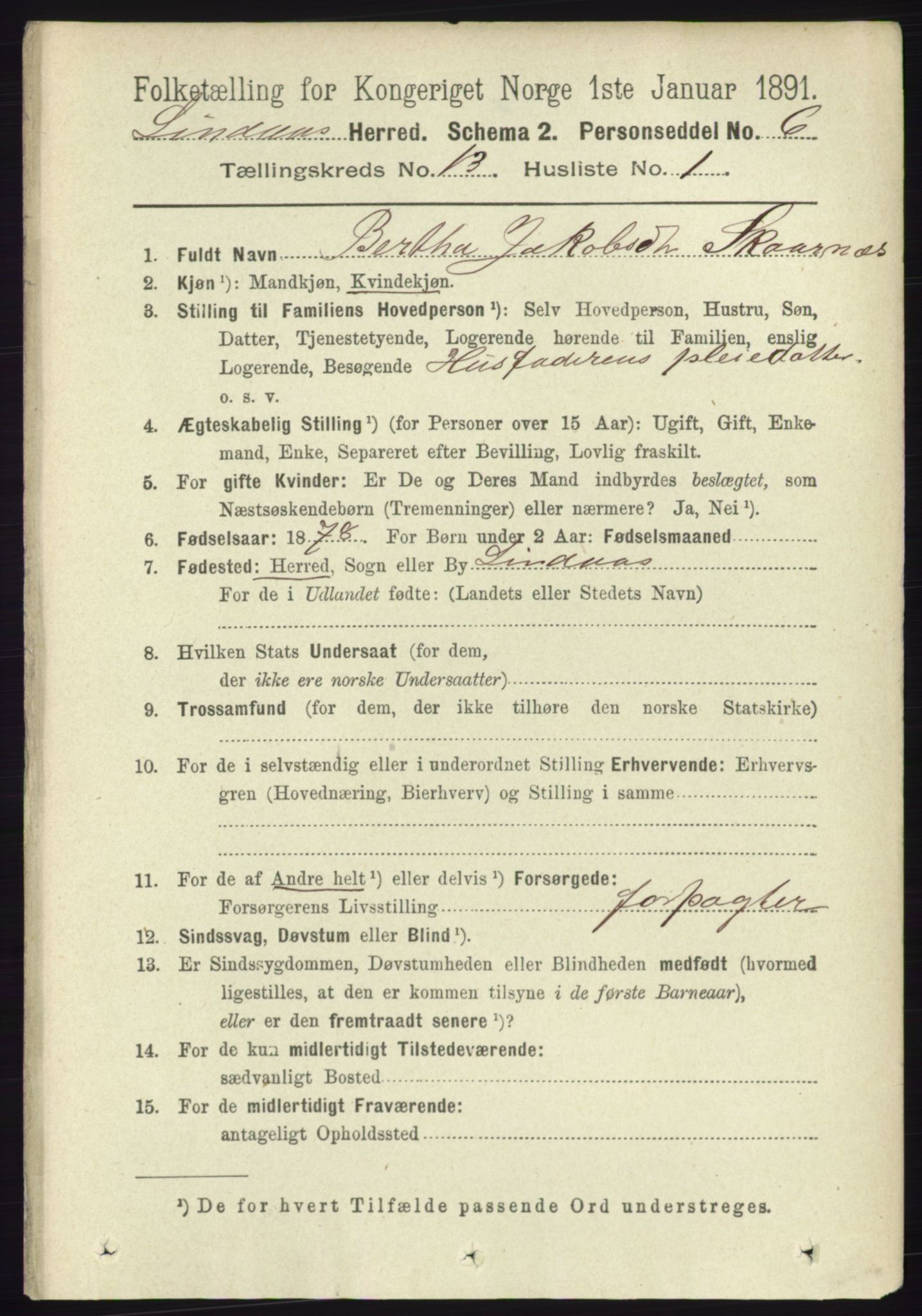 RA, 1891 census for 1263 Lindås, 1891, p. 4547