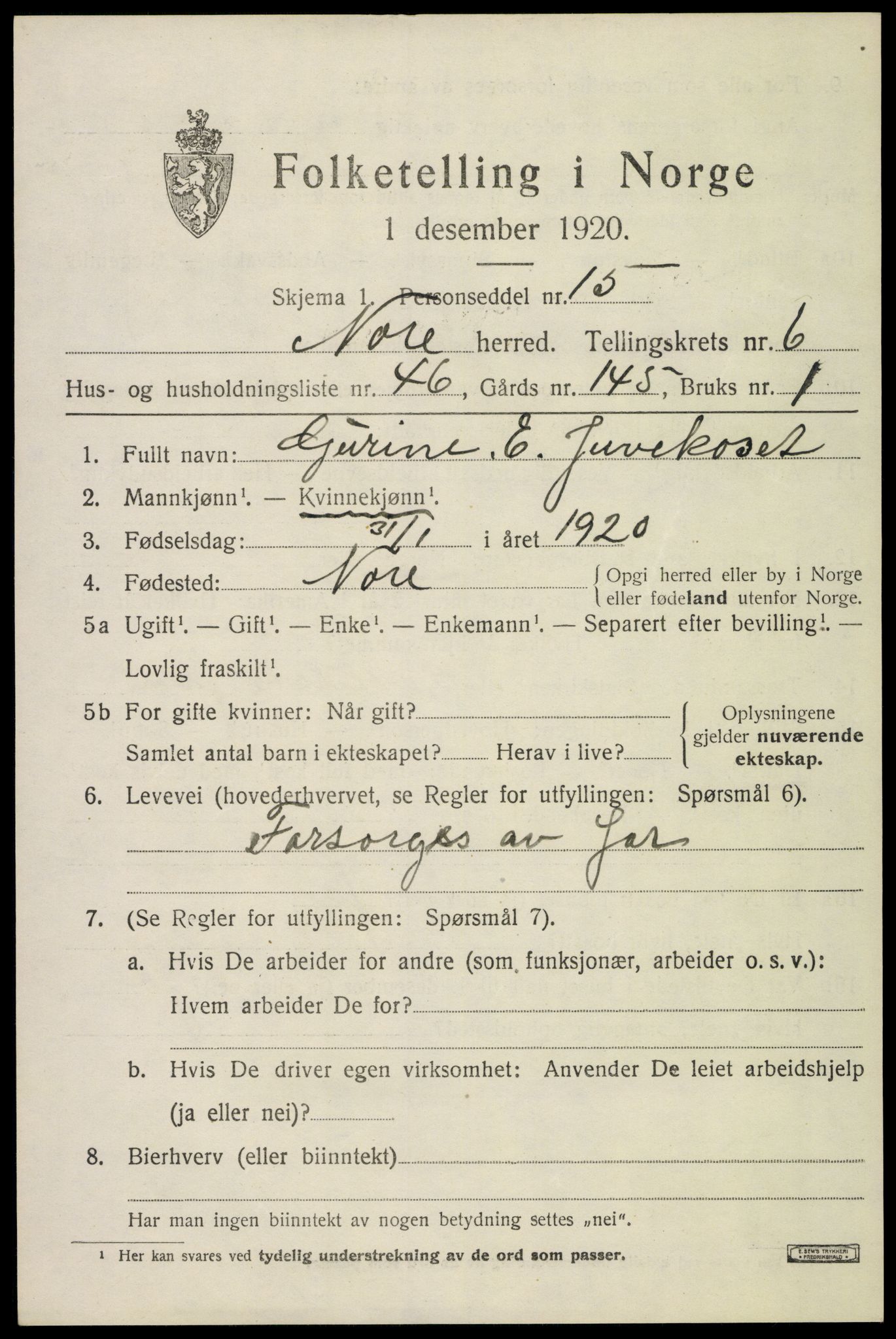 SAKO, 1920 census for Nore, 1920, p. 3046