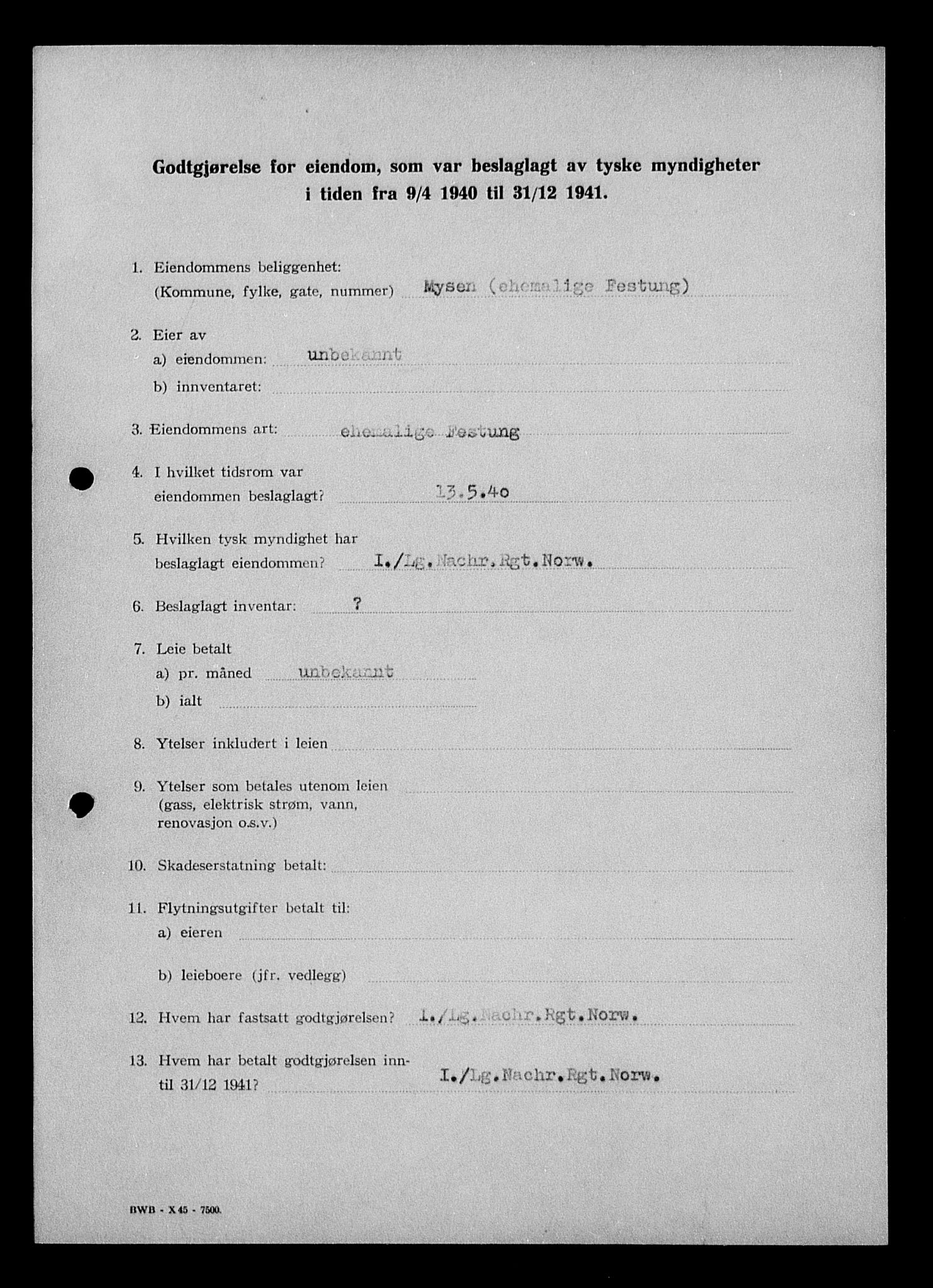 Justisdepartementet, Tilbakeføringskontoret for inndratte formuer, AV/RA-S-1564/I/L1010: Godtgjørelse for beslaglagt eiendom, 1940-1941, p. 17