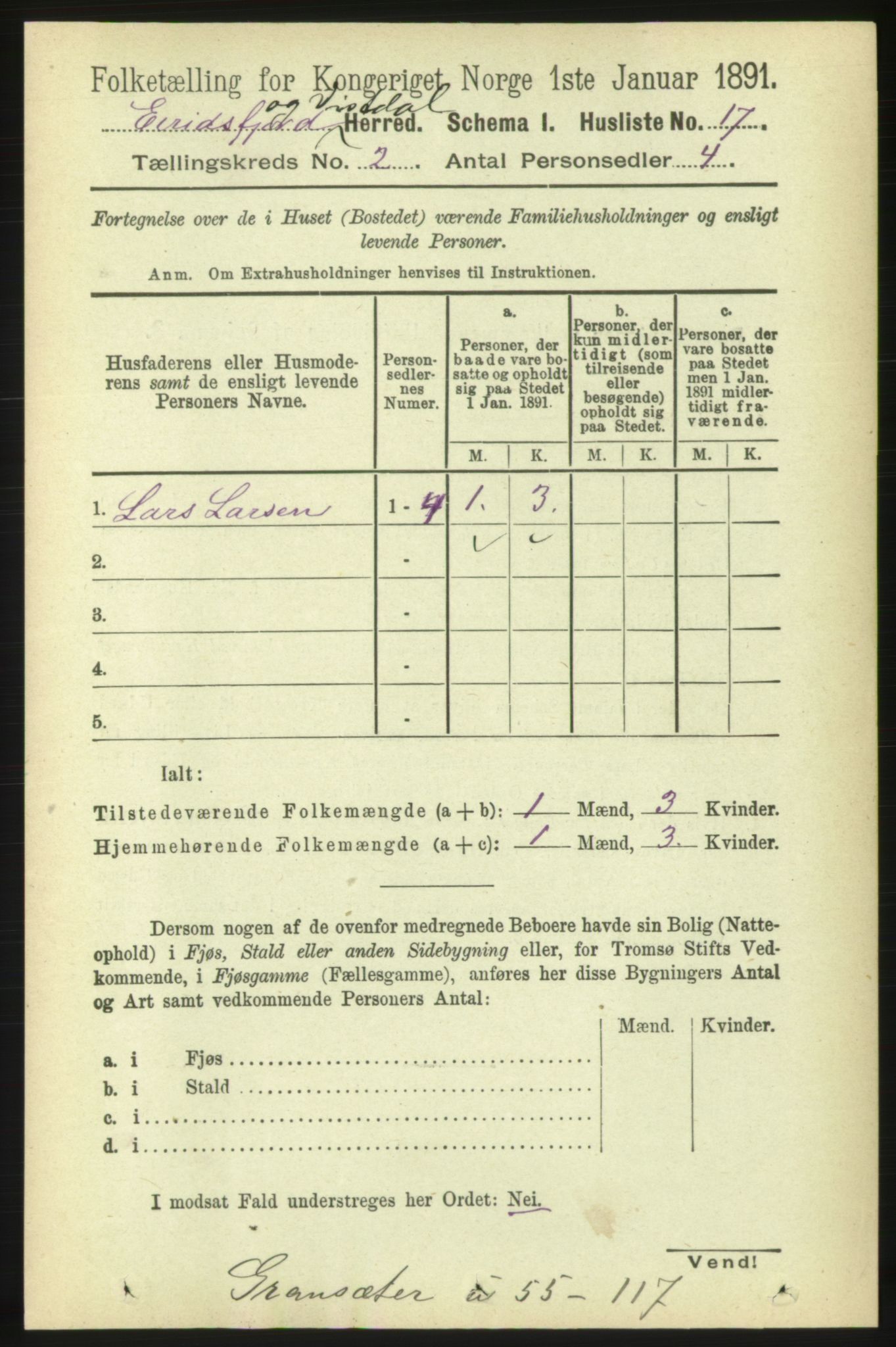 RA, 1891 census for 1542 Eresfjord og Vistdal, 1891, p. 325