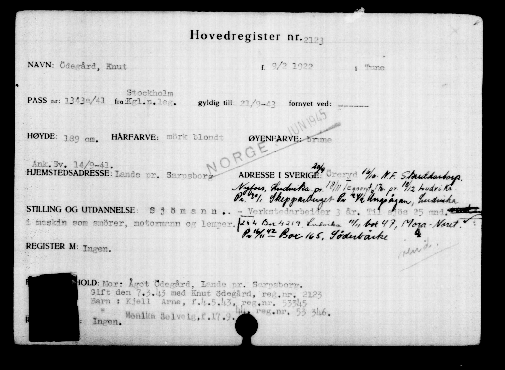 Utenriksstasjonene, Legasjonen i Stockholm, Flyktningkontoret, AV/RA-S-6753/V/Va/L0003: Kjesäterkartoteket, flyktninger med registreringsnr. 2001-3495, 1940-1945, p. 170