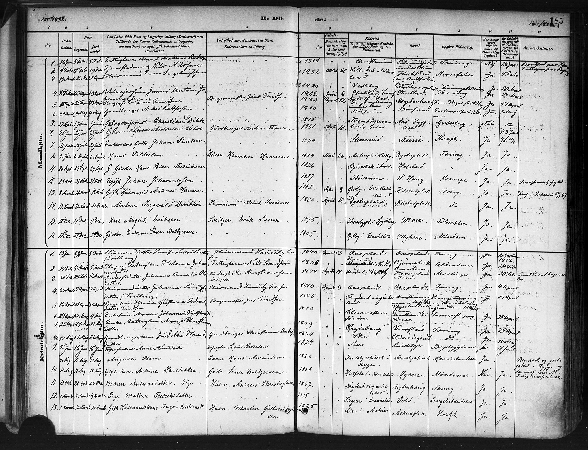 Ås prestekontor Kirkebøker, SAO/A-10894/F/Fa/L0009: Parish register (official) no. I 9, 1881-1900, p. 185