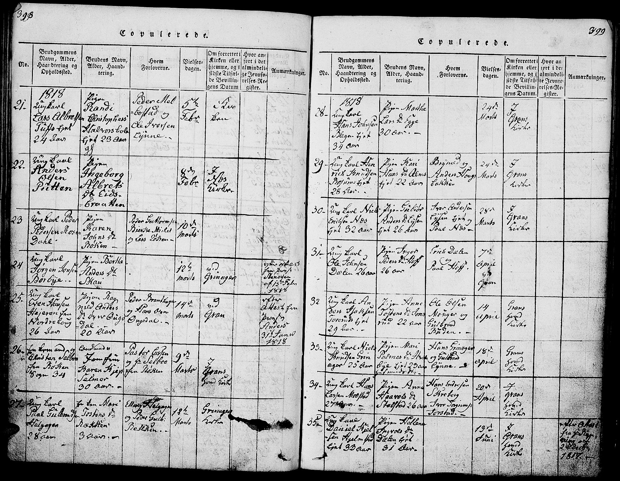 Gran prestekontor, SAH/PREST-112/H/Ha/Hab/L0001: Parish register (copy) no. 1, 1815-1824, p. 398-399