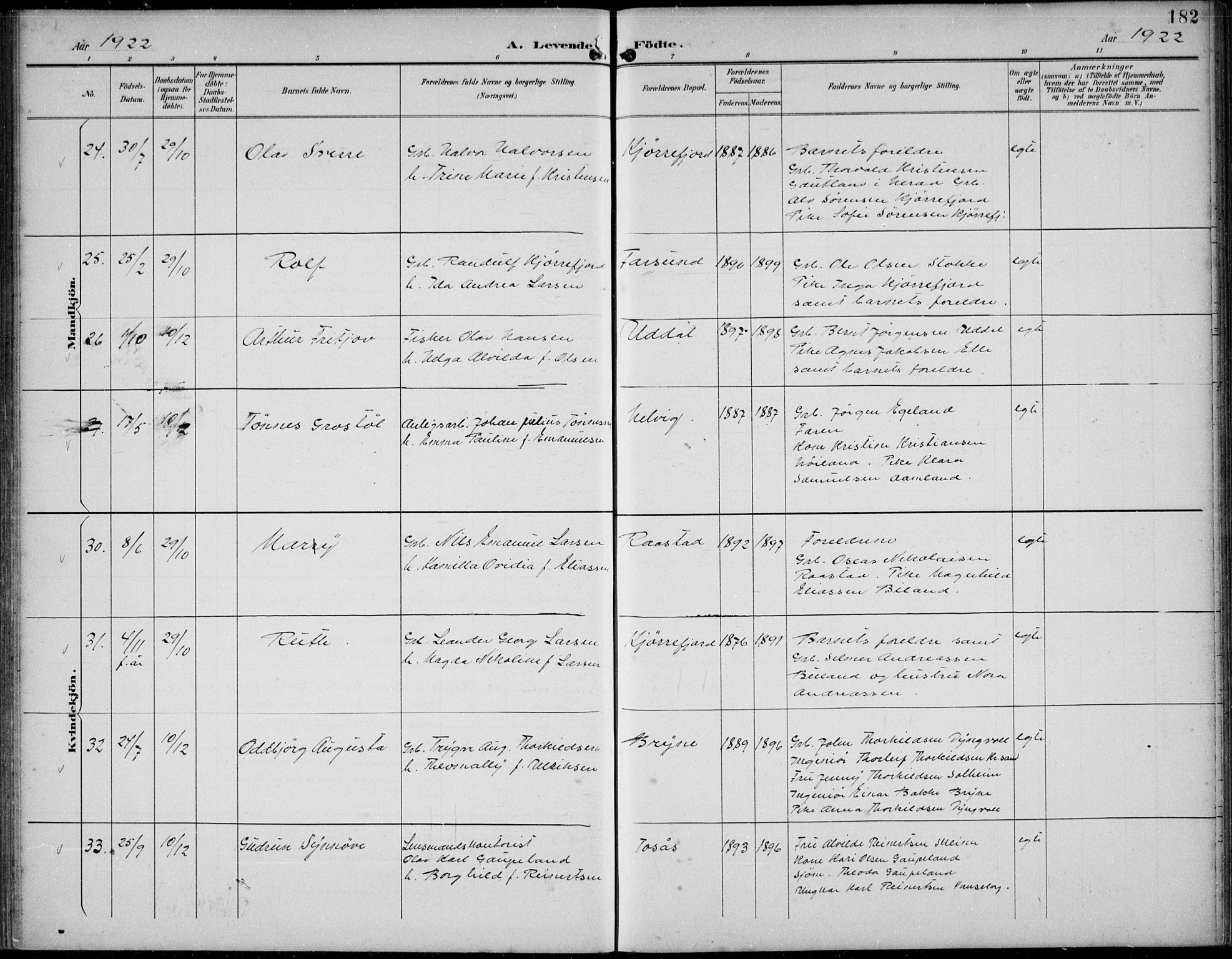 Lista sokneprestkontor, AV/SAK-1111-0027/F/Fb/L0005: Parish register (copy) no. B 5, 1892-1923, p. 182