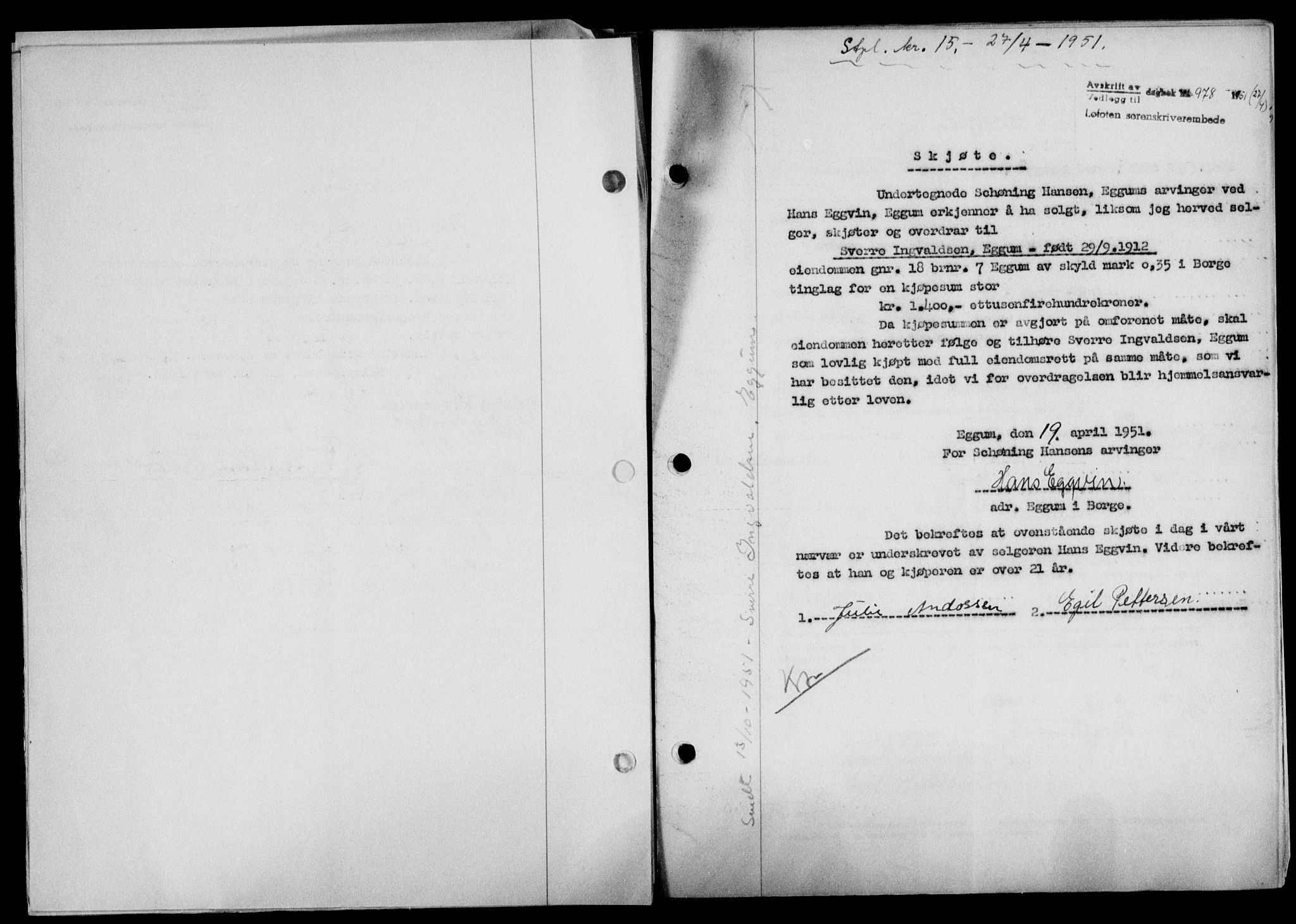 Lofoten sorenskriveri, SAT/A-0017/1/2/2C/L0025a: Mortgage book no. 25a, 1950-1951, Diary no: : 978/1951