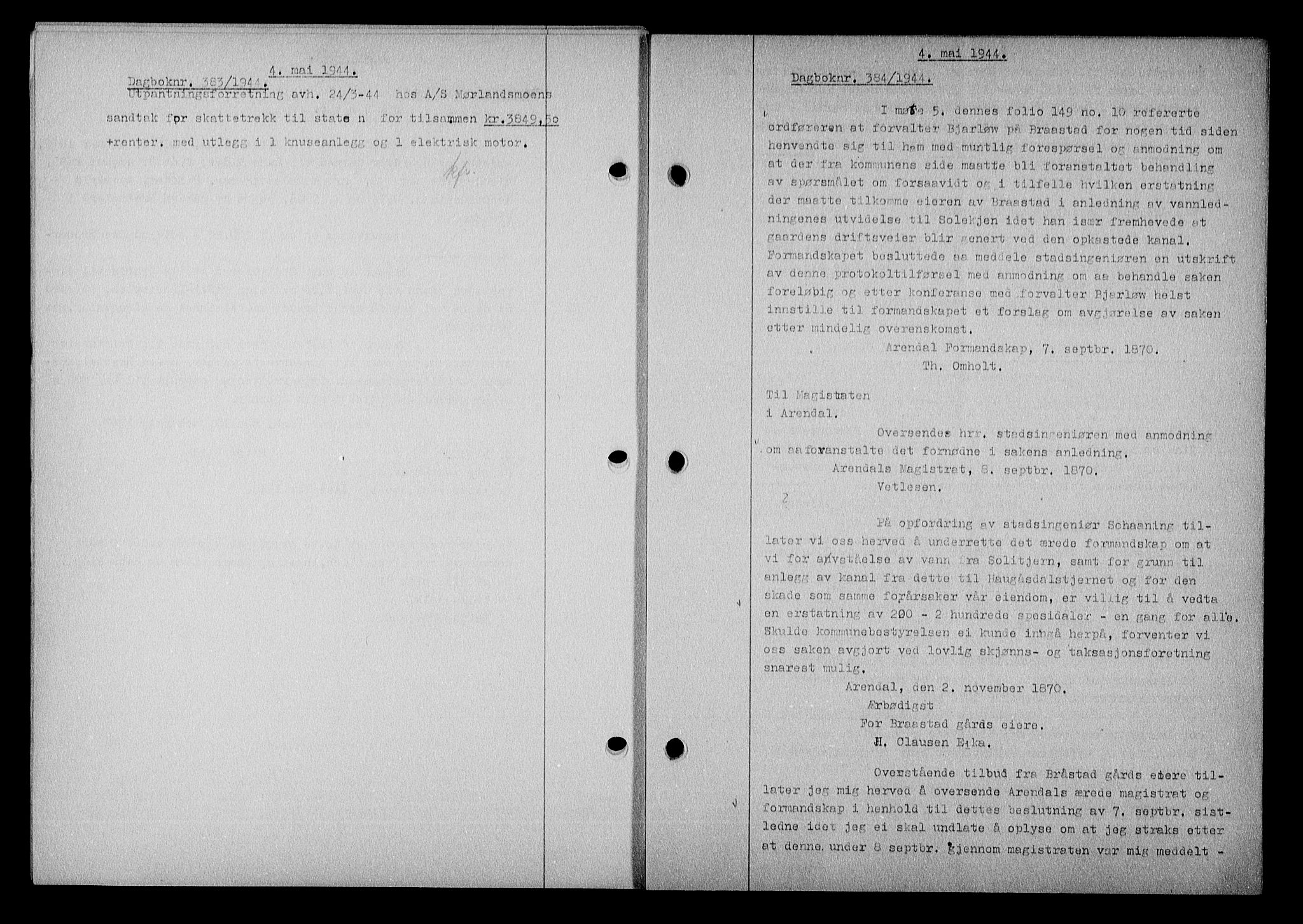 Nedenes sorenskriveri, SAK/1221-0006/G/Gb/Gba/L0051: Mortgage book no. A-V, 1943-1944, Diary no: : 384/1944