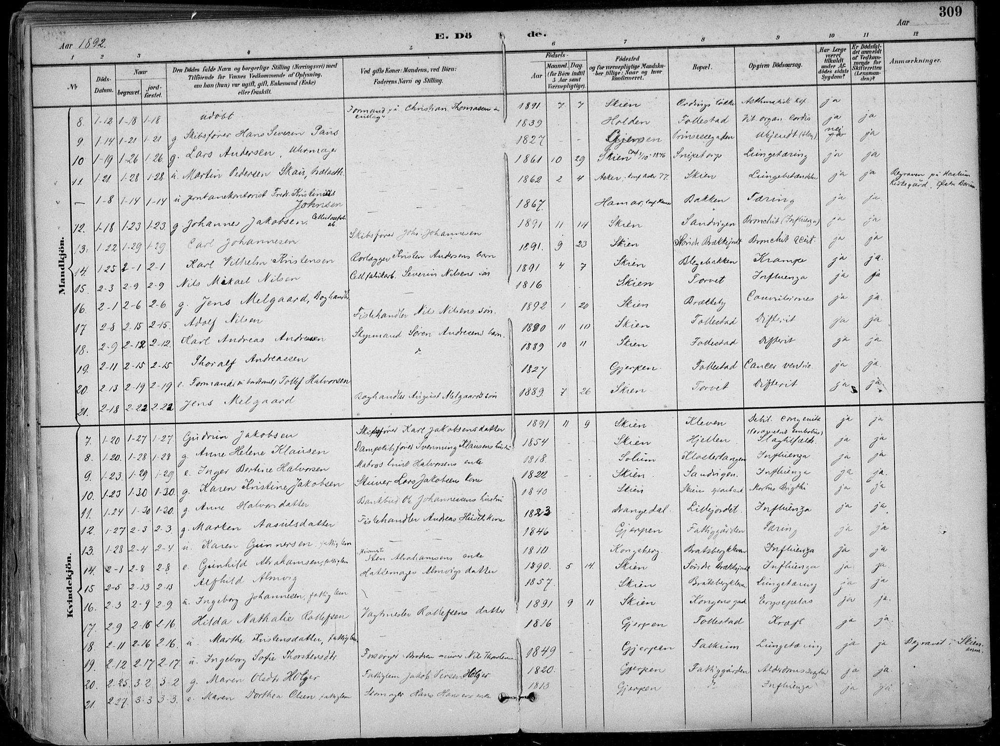 Skien kirkebøker, SAKO/A-302/F/Fa/L0010: Parish register (official) no. 10, 1891-1899, p. 309