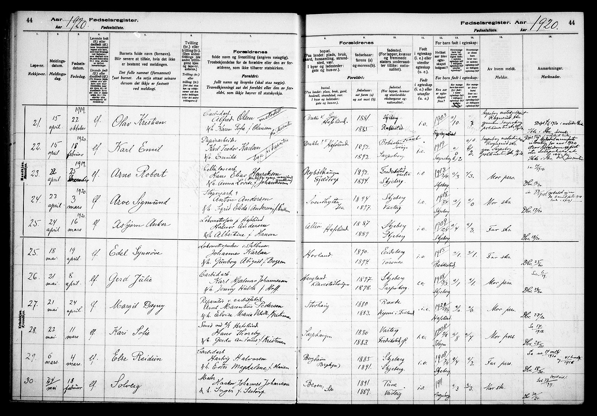 Skjeberg prestekontor Kirkebøker, AV/SAO-A-10923/J/Jd/L0001: Birth register no. IV 1, 1916-1935, p. 44