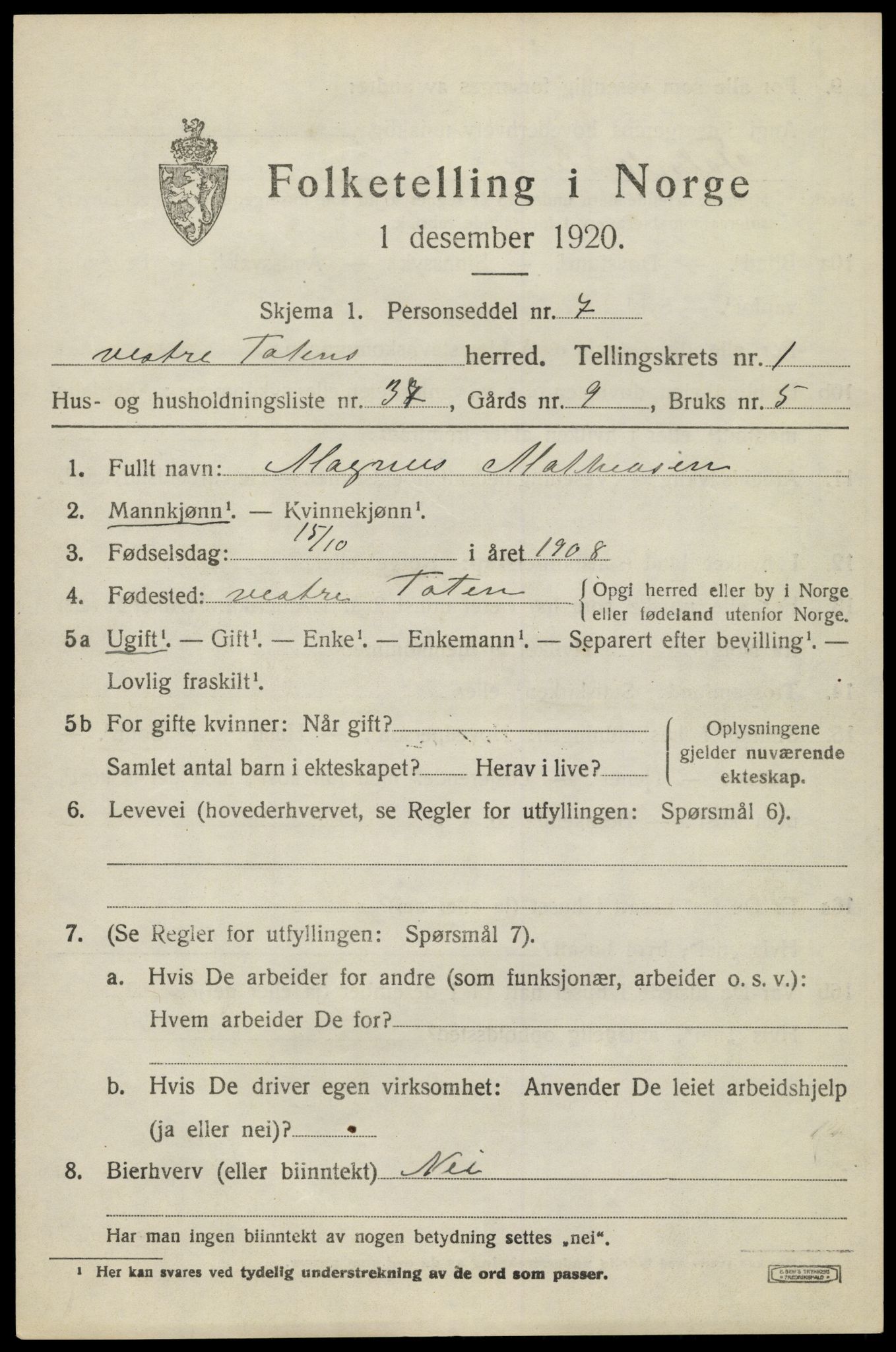 SAH, 1920 census for Vestre Toten, 1920, p. 2294