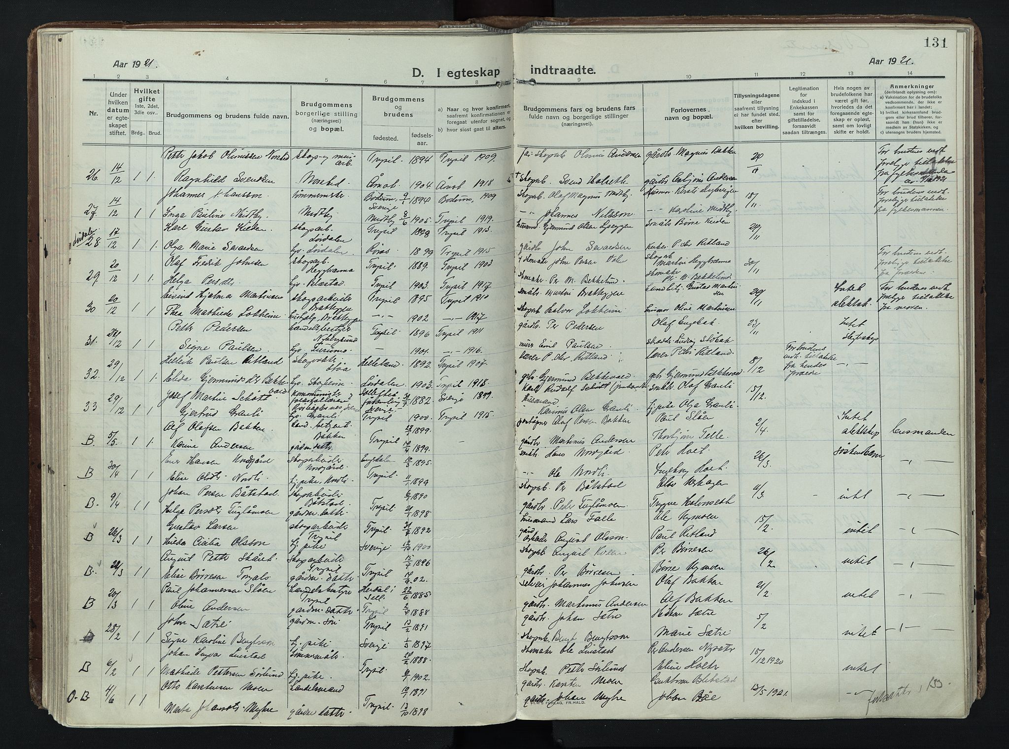 Trysil prestekontor, SAH/PREST-046/H/Ha/Haa/L0014: Parish register (official) no. 14, 1912-1923, p. 131