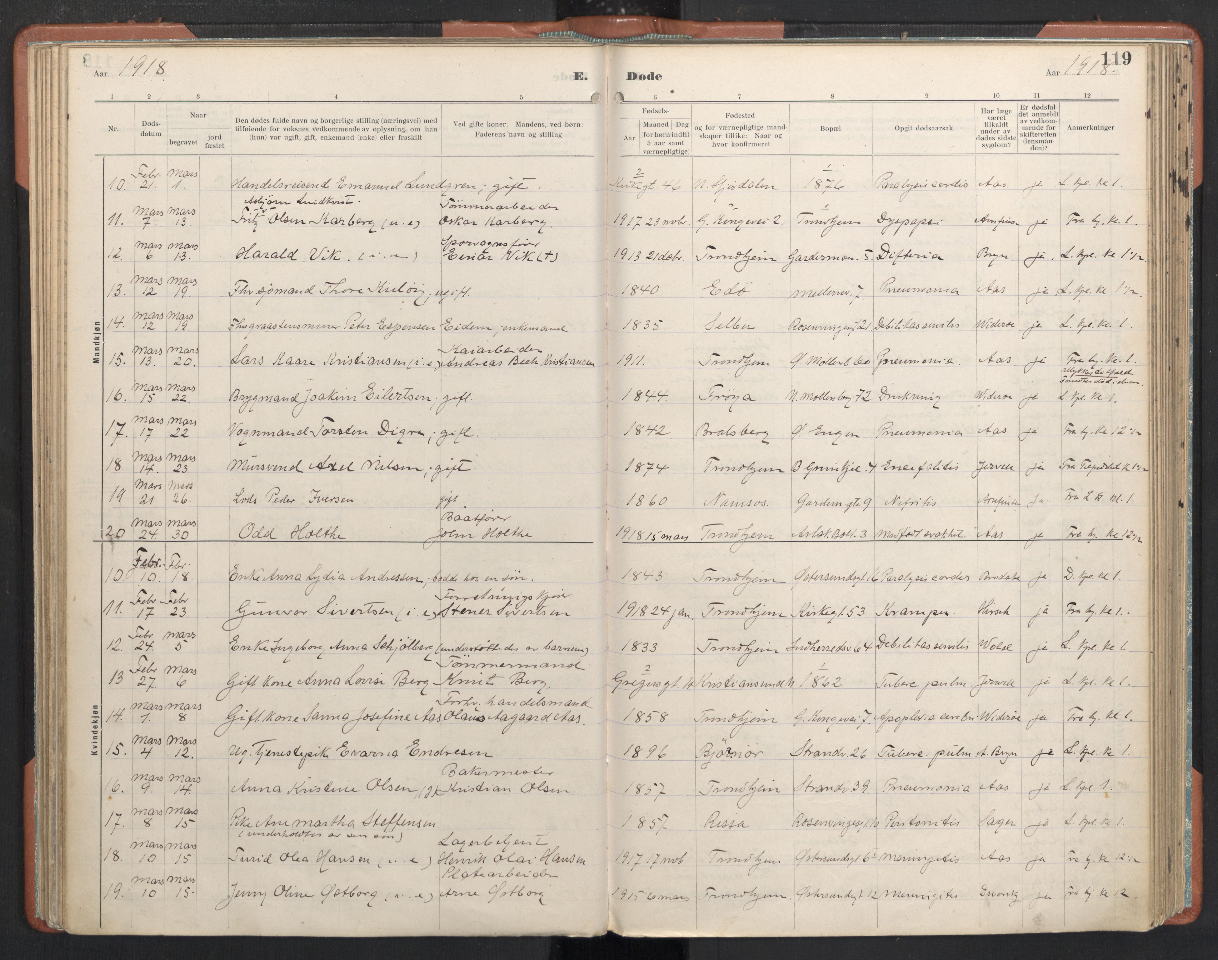 Ministerialprotokoller, klokkerbøker og fødselsregistre - Sør-Trøndelag, SAT/A-1456/605/L0245: Parish register (official) no. 605A07, 1916-1938, p. 119