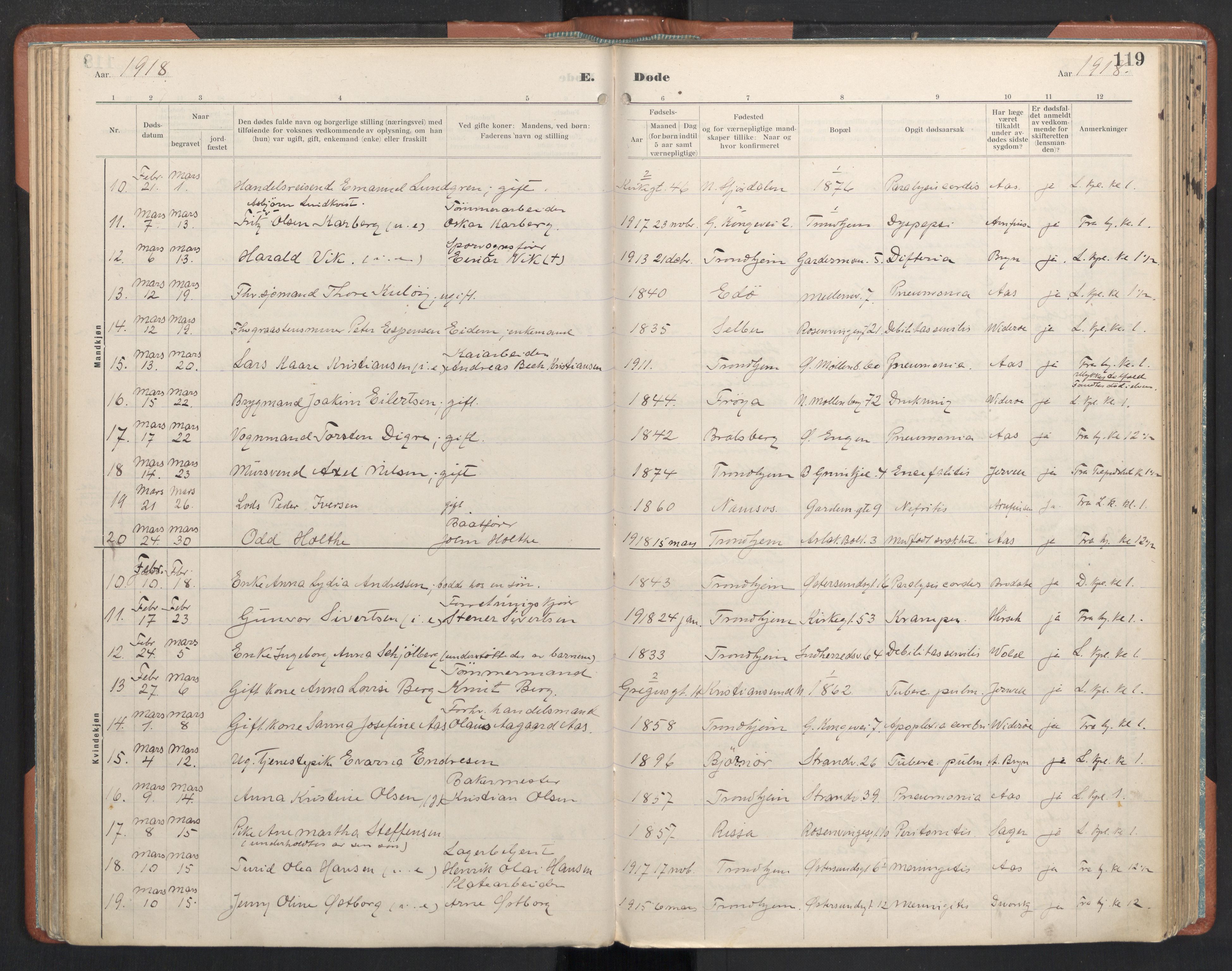 Ministerialprotokoller, klokkerbøker og fødselsregistre - Sør-Trøndelag, AV/SAT-A-1456/605/L0245: Parish register (official) no. 605A07, 1916-1938, p. 119