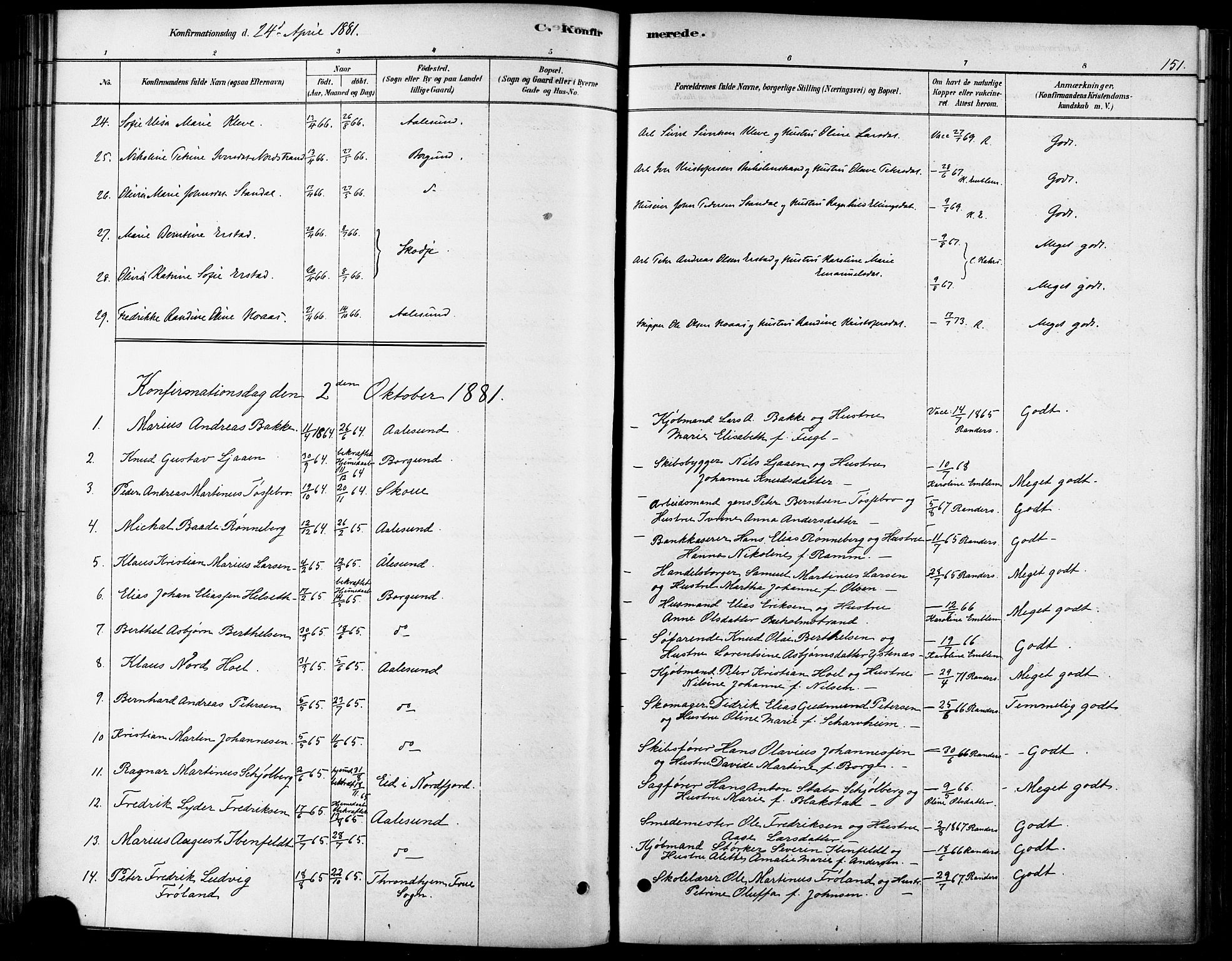 Ministerialprotokoller, klokkerbøker og fødselsregistre - Møre og Romsdal, AV/SAT-A-1454/529/L0454: Parish register (official) no. 529A04, 1878-1885, p. 151