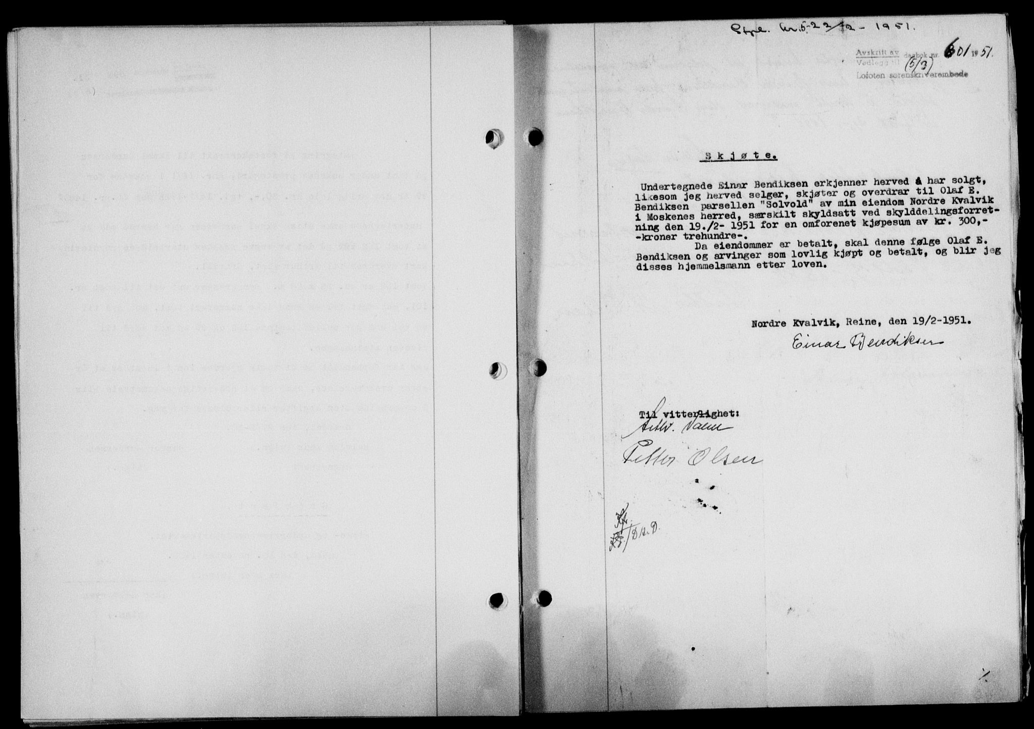 Lofoten sorenskriveri, SAT/A-0017/1/2/2C/L0025a: Mortgage book no. 25a, 1950-1951, Diary no: : 601/1951