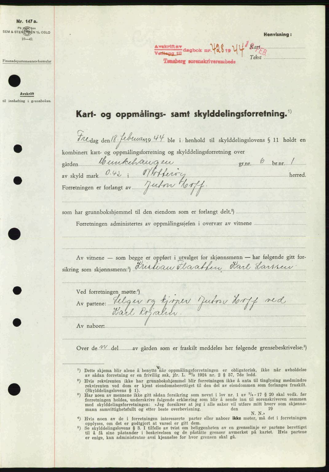 Tønsberg sorenskriveri, AV/SAKO-A-130/G/Ga/Gaa/L0014: Mortgage book no. A14, 1943-1944, Diary no: : 428/1944