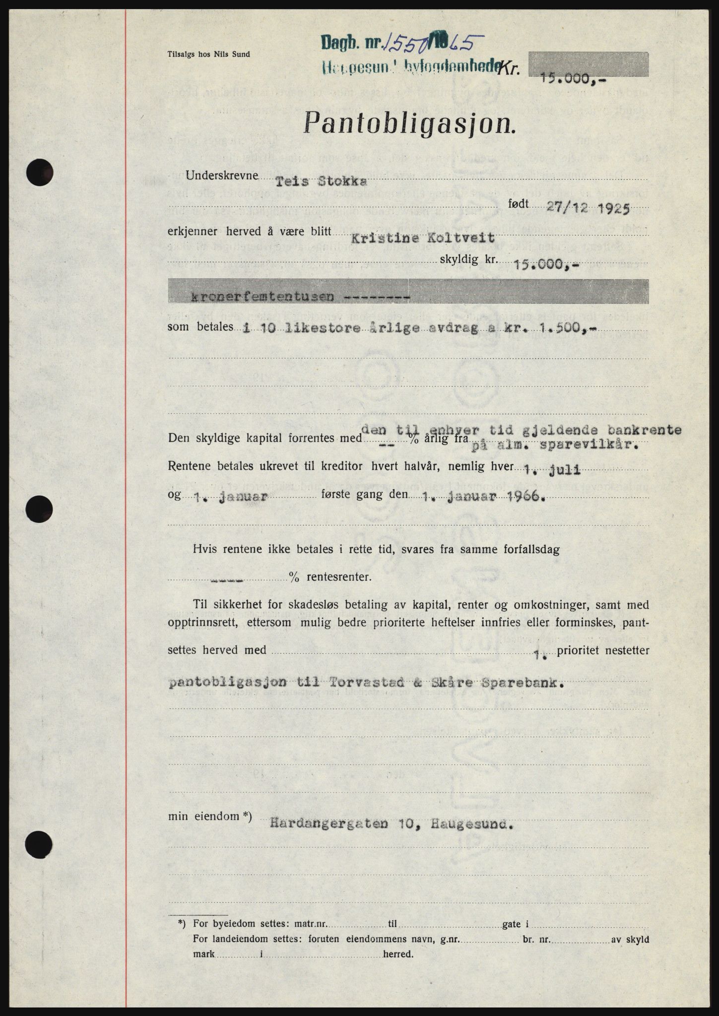 Haugesund tingrett, SAST/A-101415/01/II/IIC/L0053: Mortgage book no. B 53, 1965-1965, Diary no: : 1550/1965