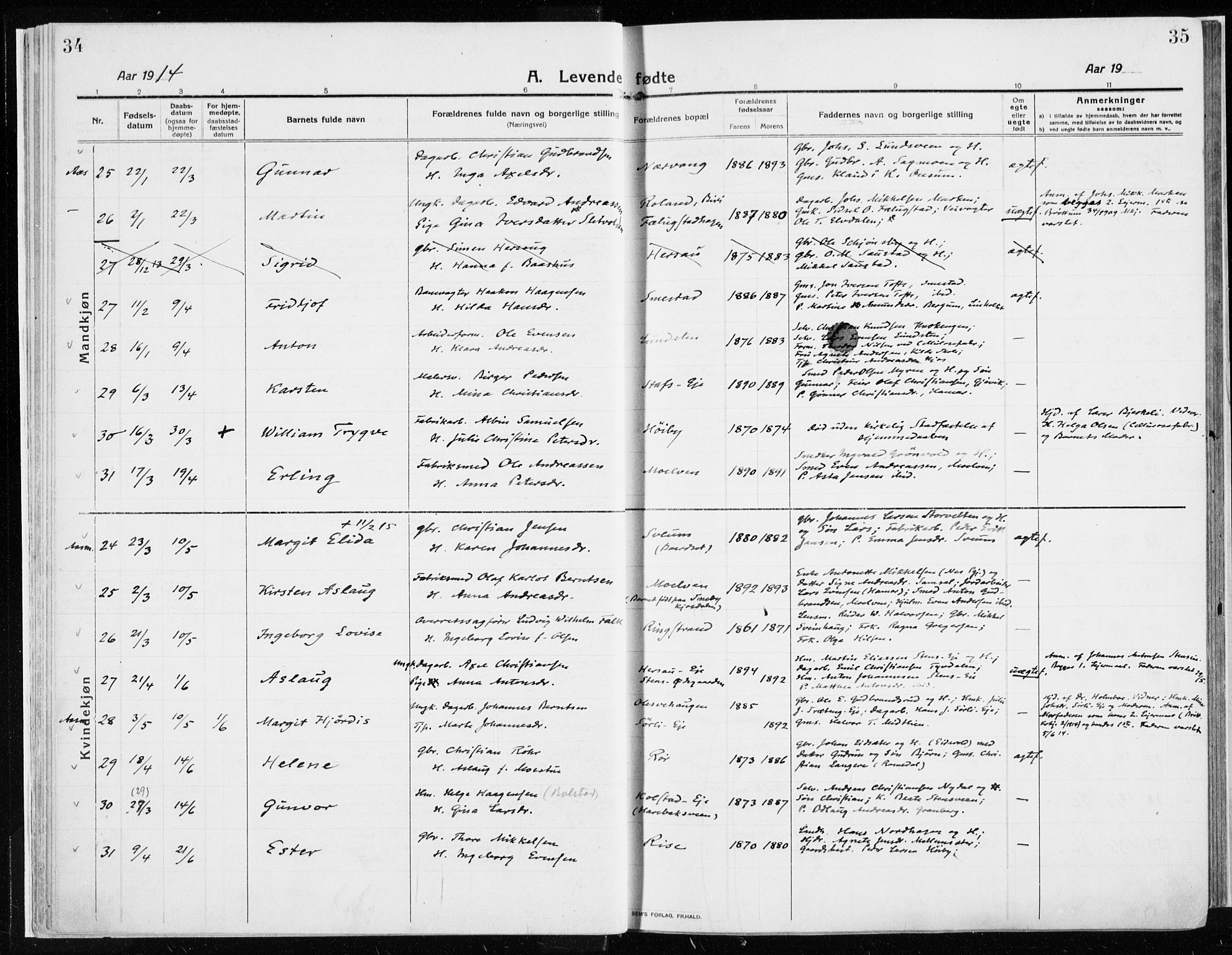 Ringsaker prestekontor, AV/SAH-PREST-014/K/Ka/L0020: Parish register (official) no. 20, 1913-1922, p. 34-35