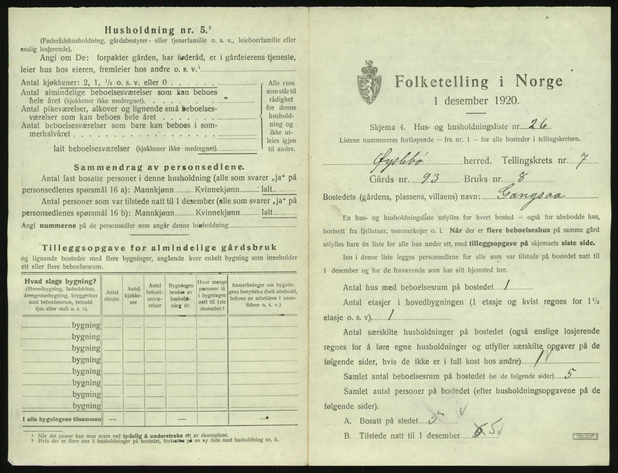 SAK, 1920 census for Øyslebø, 1920, p. 450