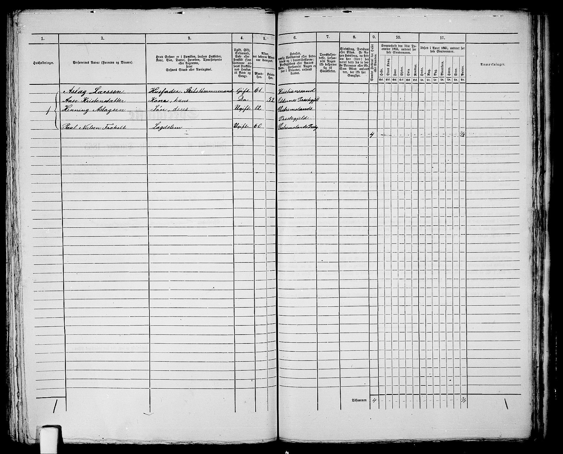 RA, 1865 census for Vestre Moland/Lillesand, 1865, p. 296