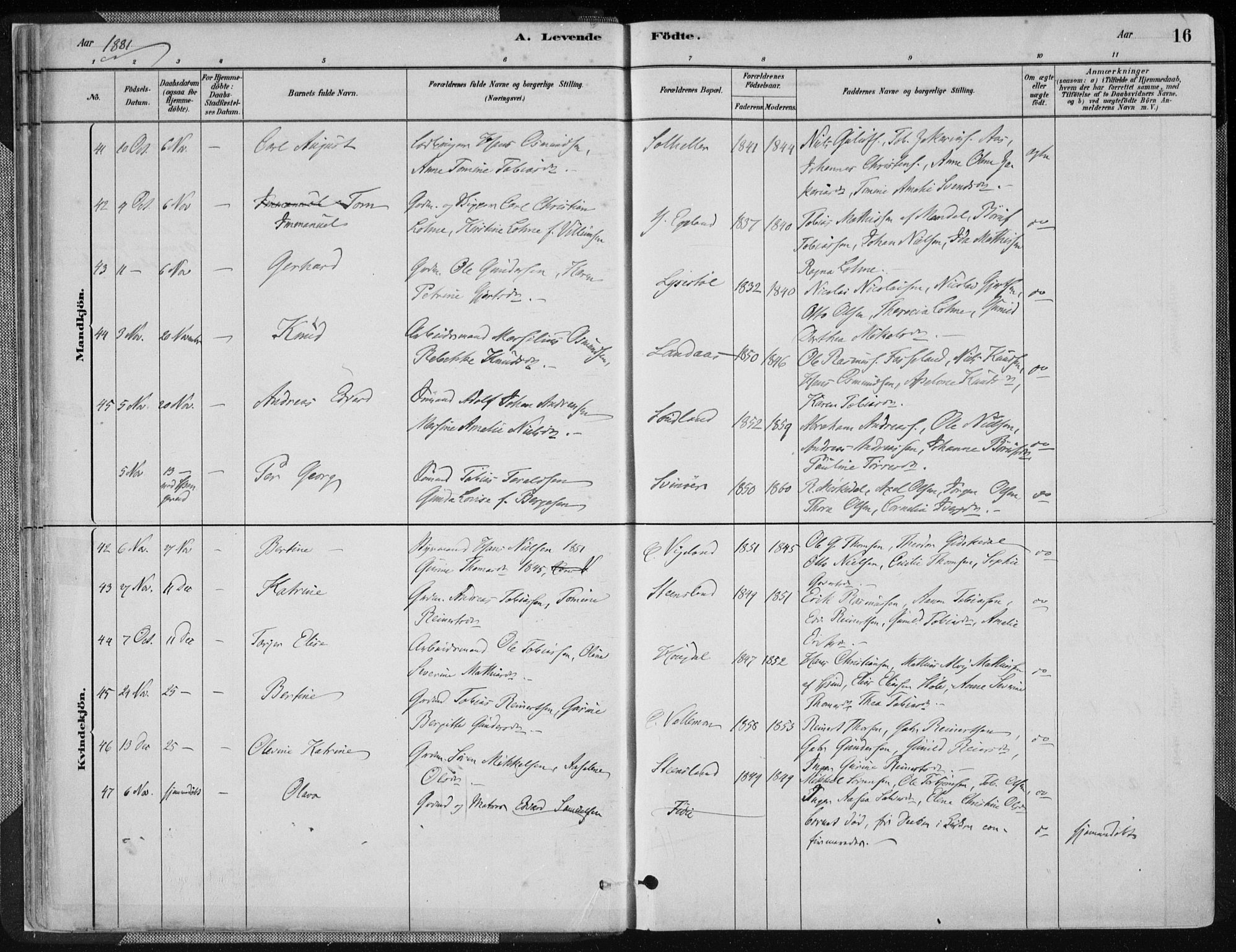 Sør-Audnedal sokneprestkontor, AV/SAK-1111-0039/F/Fa/Fab/L0009: Parish register (official) no. A 9, 1880-1895, p. 16